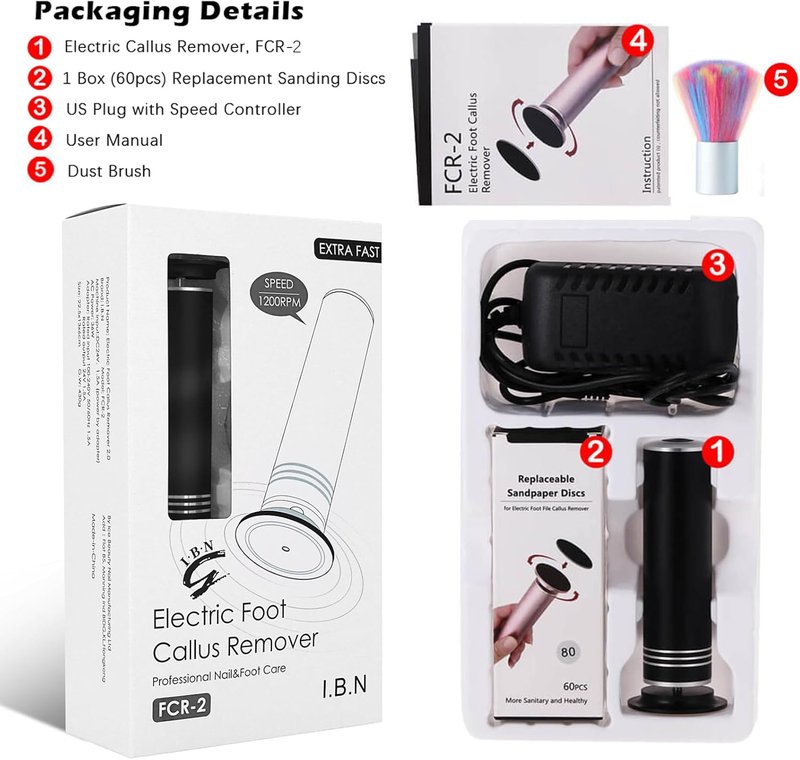 Electric Callus Remover - 1200RPM Adjustable Speed Foot Sander | Pedicure Tool for Cracked Skin, 60 Sandpaper Discs, Black