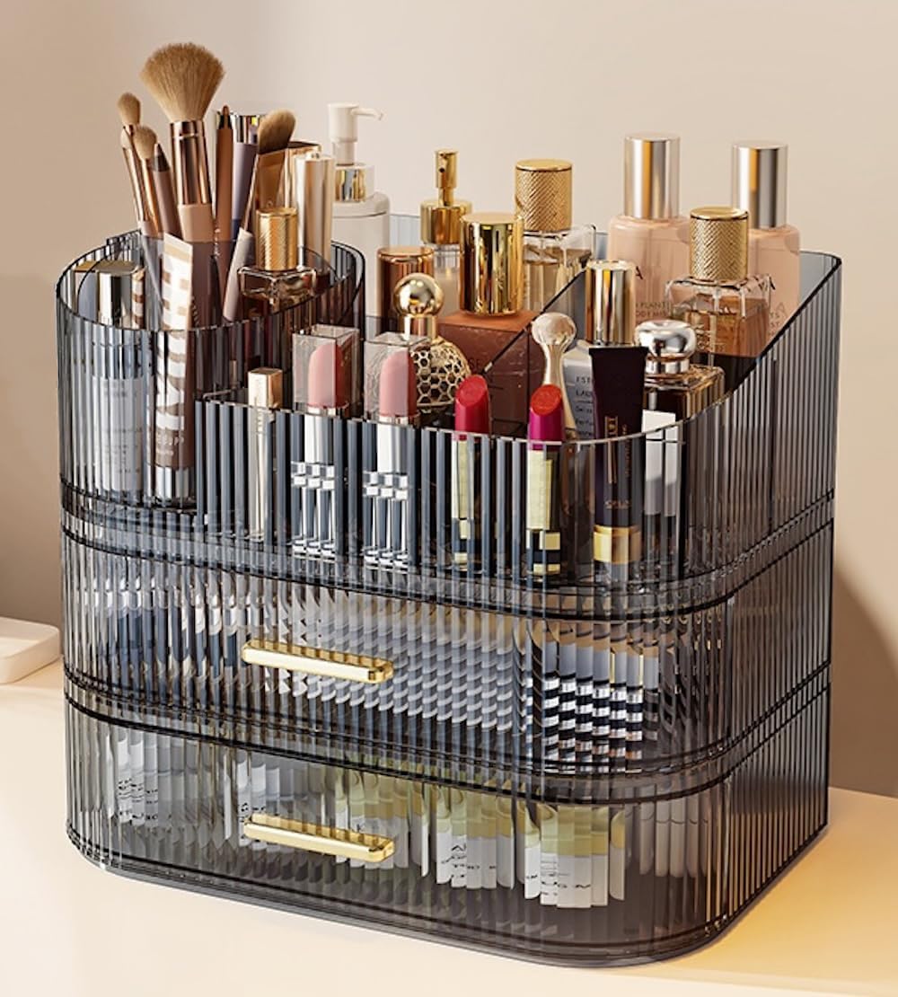 Makeup Organizer - 360° Rotating Brush Holder & Large Capacity Storage | Cream White, 3-Layer Design for Vanity & Accessories