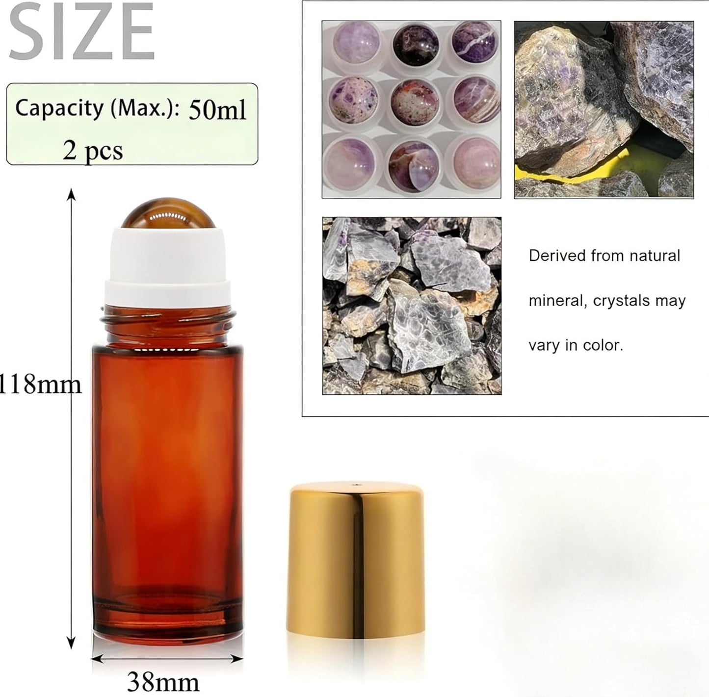 Rose Quartz Roller Ball Bottle for Oils - 50ml Refillable Empty Amber Glass Roller Bottles, Roll On Bottles for Essential Oils and Organic Castor Oil (Rose Quartz Roller Bottle)