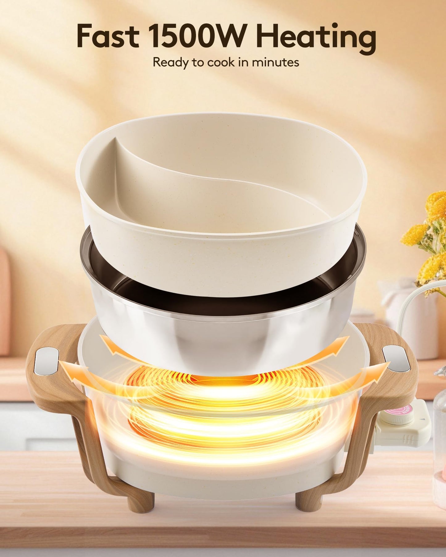 Electric Hot Pot with Divider, Large 6.1L Nonstick Dual-Sided Shabu Shabu Pot Dual-Flavor hotpot electric 1600W with Adjustable 5-Temperature Control