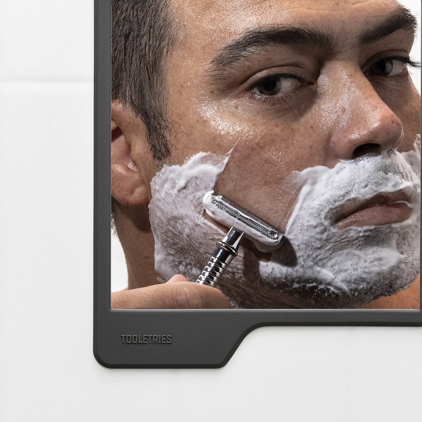 TOOLETRIES Oliver Shower Mirror - Premium Shower Mirror for Shaving, Grooming - 100% Silicone - Shatterproof Mirror - Grips to Shiny Surfaces - No Suction Cups - No Adhesives - Charcoal