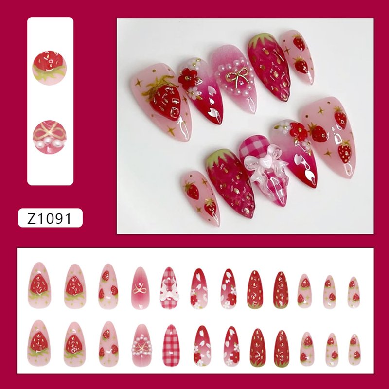 Strawberry Flower Press-On Nails - 24Pcs Medium Almond Acrylic Nails with 3D Heart Pearls & Bow Charms | Pink Gradient Glossy