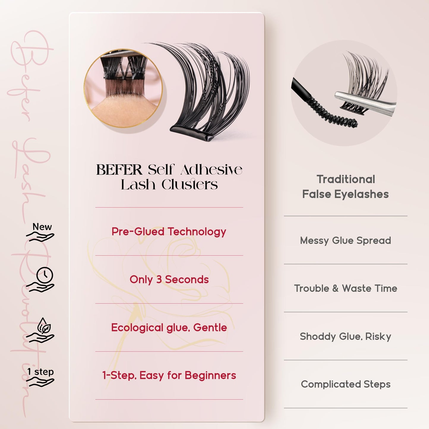 BEFER Self Adhesive Eyelashes Clusters, D Curl 10-16MM Pre Glued Lash Natural Look No Glue No Remover Needed Reusable Lashes Press on Eyelash Clusters Easy for Use DIY at Home(TYB102,Velvet)