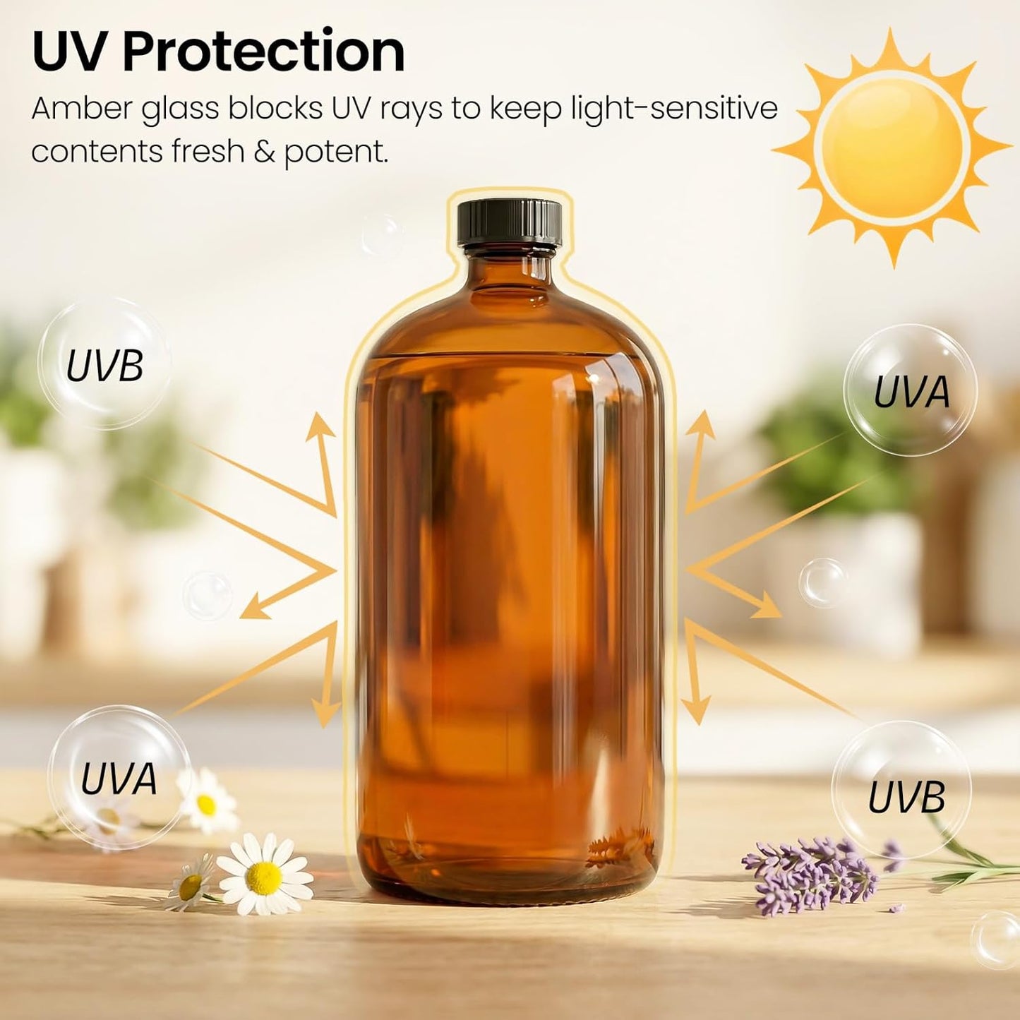 Amber Glass Boston Round Bottles - 32 oz | 4 Pack Leakproof Storage for Kombucha, Extracts & Oils