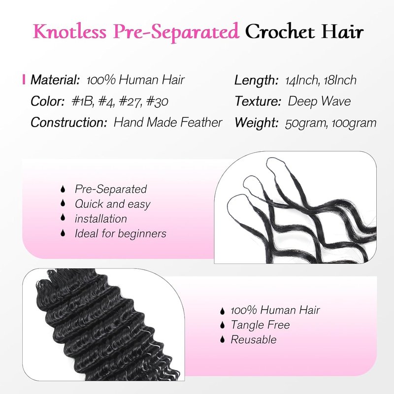 Feather Crochet Human Hair for Black Women - 100 Strands Deep Wave Boho Braids | Pre-Looped, Soft & Reusable