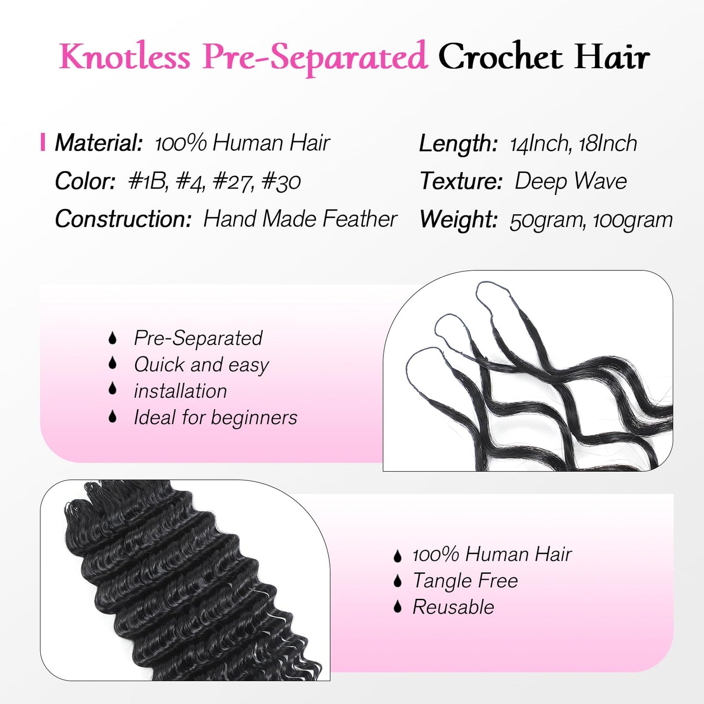 Urbeauty Feather Crochet Human Hair for Black Women, 100% Real Human Hair, 100Strands Deep Wave for Boho Braids, Miracle Knots, Pre-Looped, Knotless & Invisible, Soft, Reusable, Beginner-Friendly