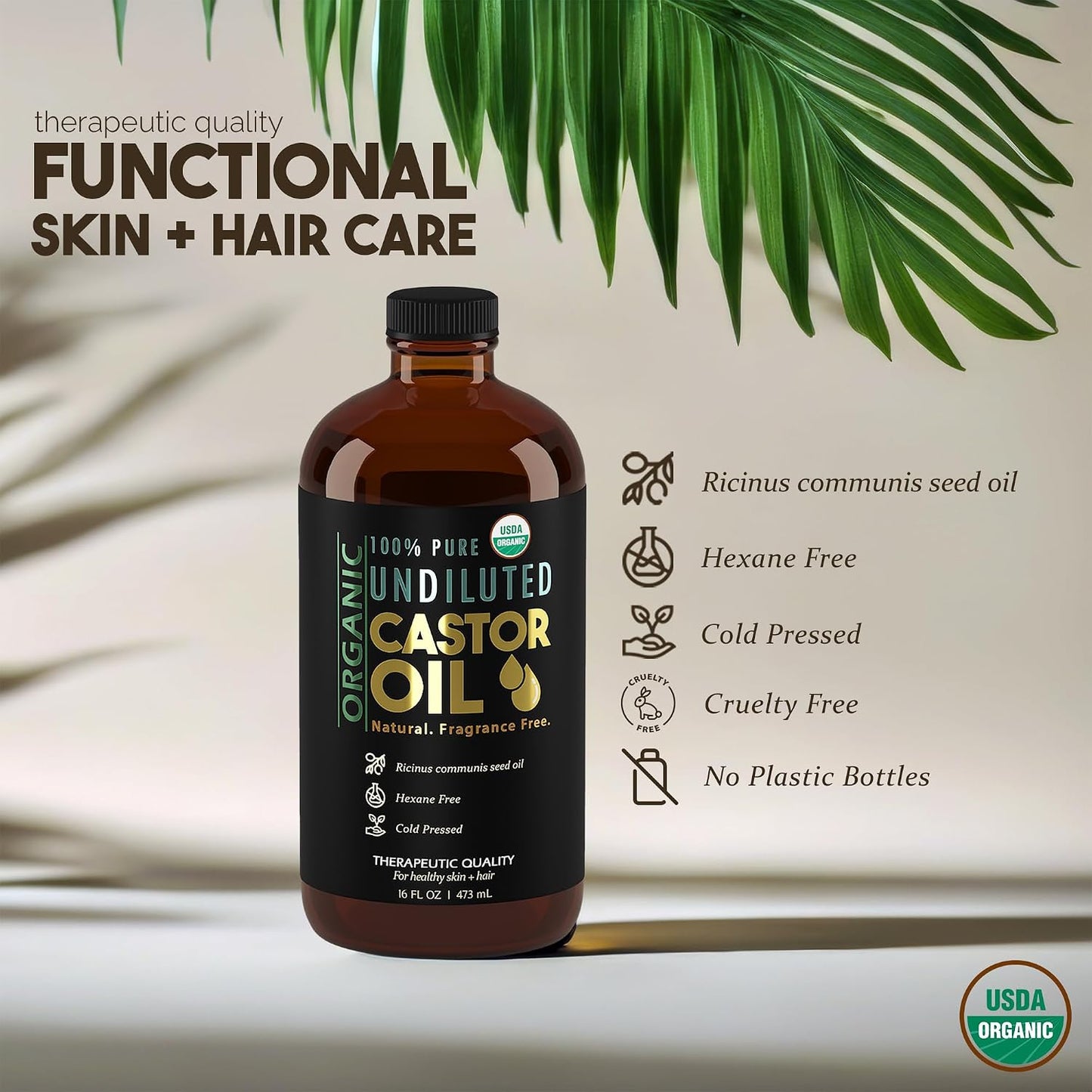 Organic Castor Oil for Skin Hydration - 100% Pure, Cold Pressed, Hexane Free | 16 oz Glass Bottle for Hair & Eyelashes Growth