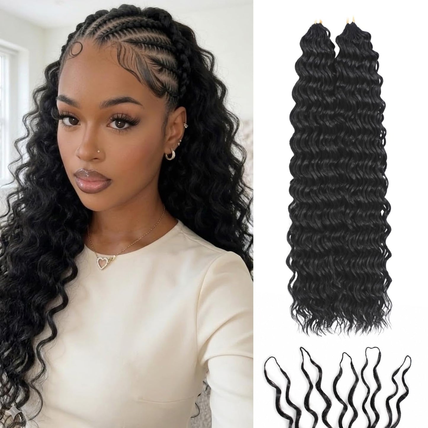 Feather Crochet Hair for Black Women, Deep Wave, Miracle Knots Knotless Pre-Separated Synthetic Extensions, 14 Inch 100 Strands Black