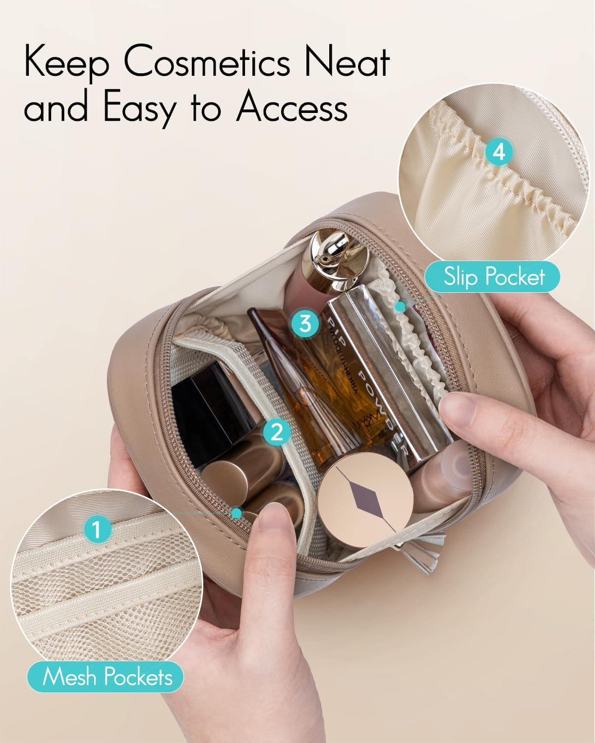 Mini Makeup Bag - Portable Travel Toiletry Organizer with Slip-in Pockets | Waterproof Design in Toffee