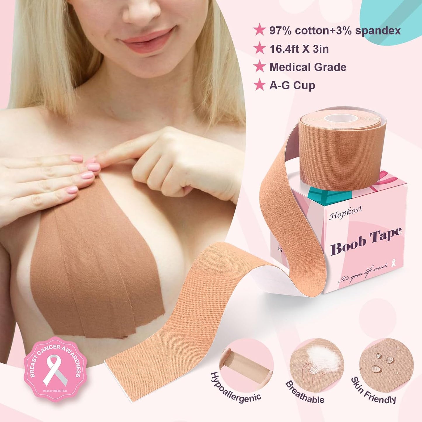 Boob Tape for Large Breasts - Invisible Breast Lift Tape with 2 Nipple Covers | A-G Cup, Beige, 3 in