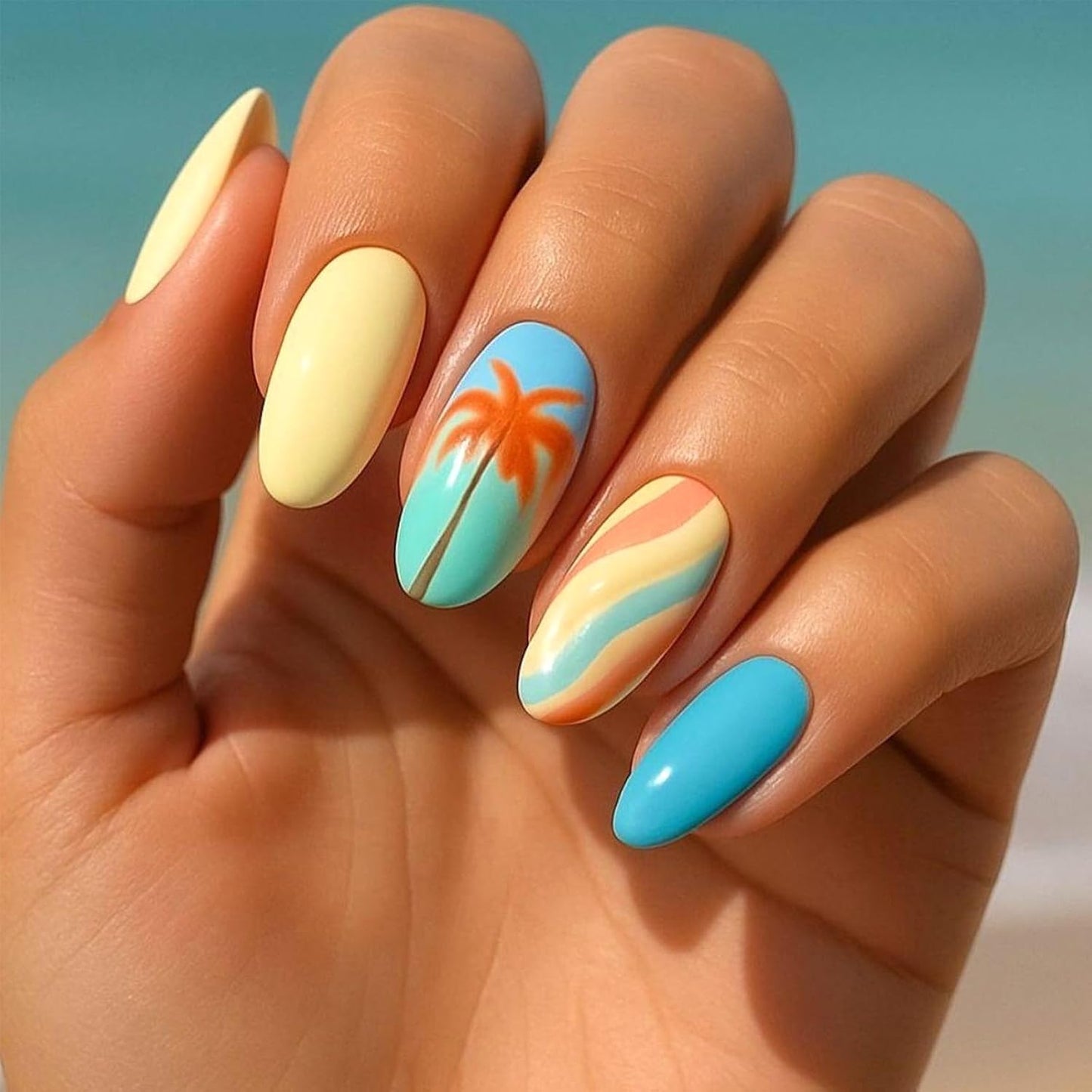 Colorful Gradient Press-On Nails - Medium Almond Summer Sunset | Reusable Glossy Full Cover 24 Pcs with Adhesive Stickers