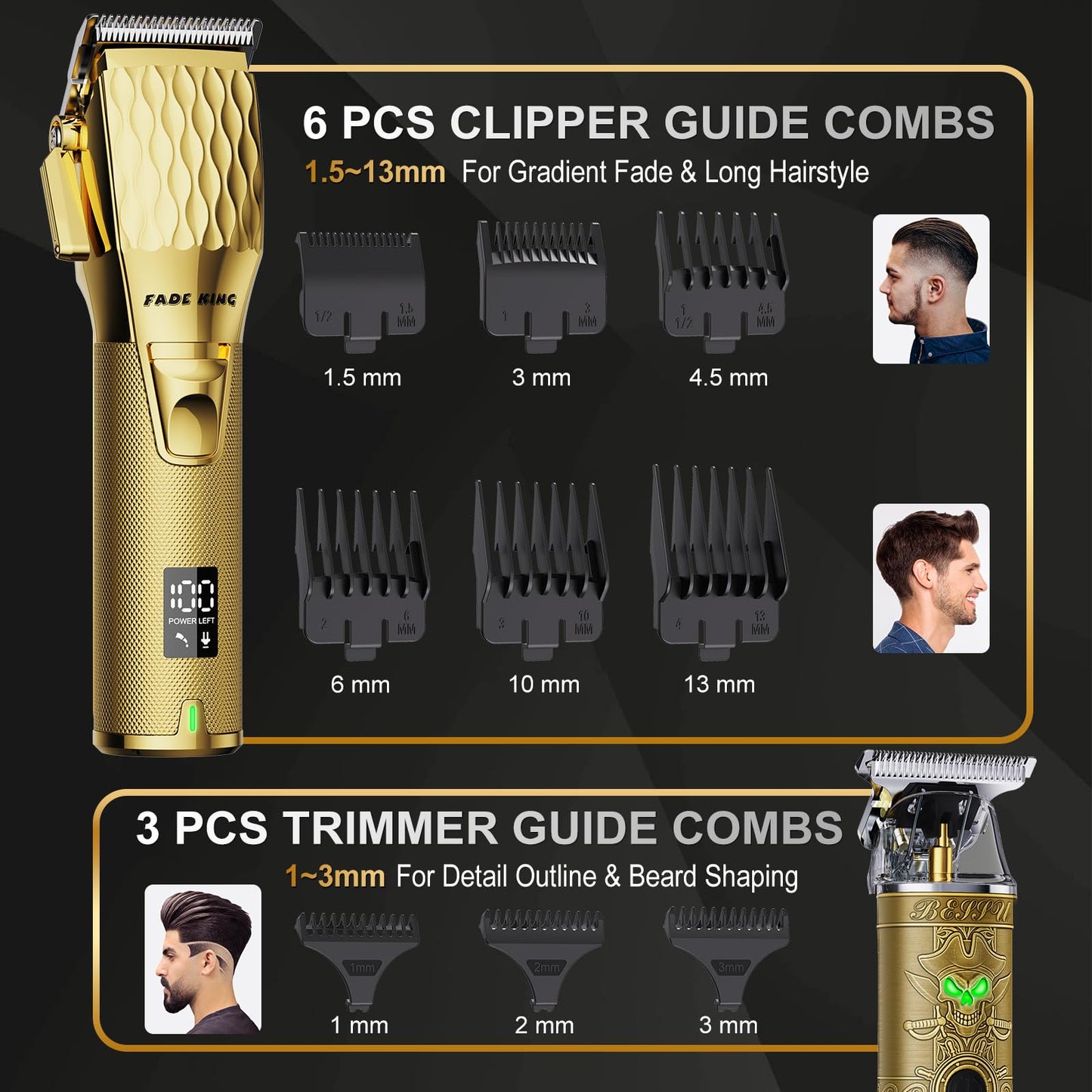 FADEKING® Professional Hair Clippers for Men – Cordless Barber Clippers & Beard Trimmer for Men, Fade Clipper and Trimmer Set for Home & Barber Use, Complete Men's Grooming Kit - Gifts for Men
