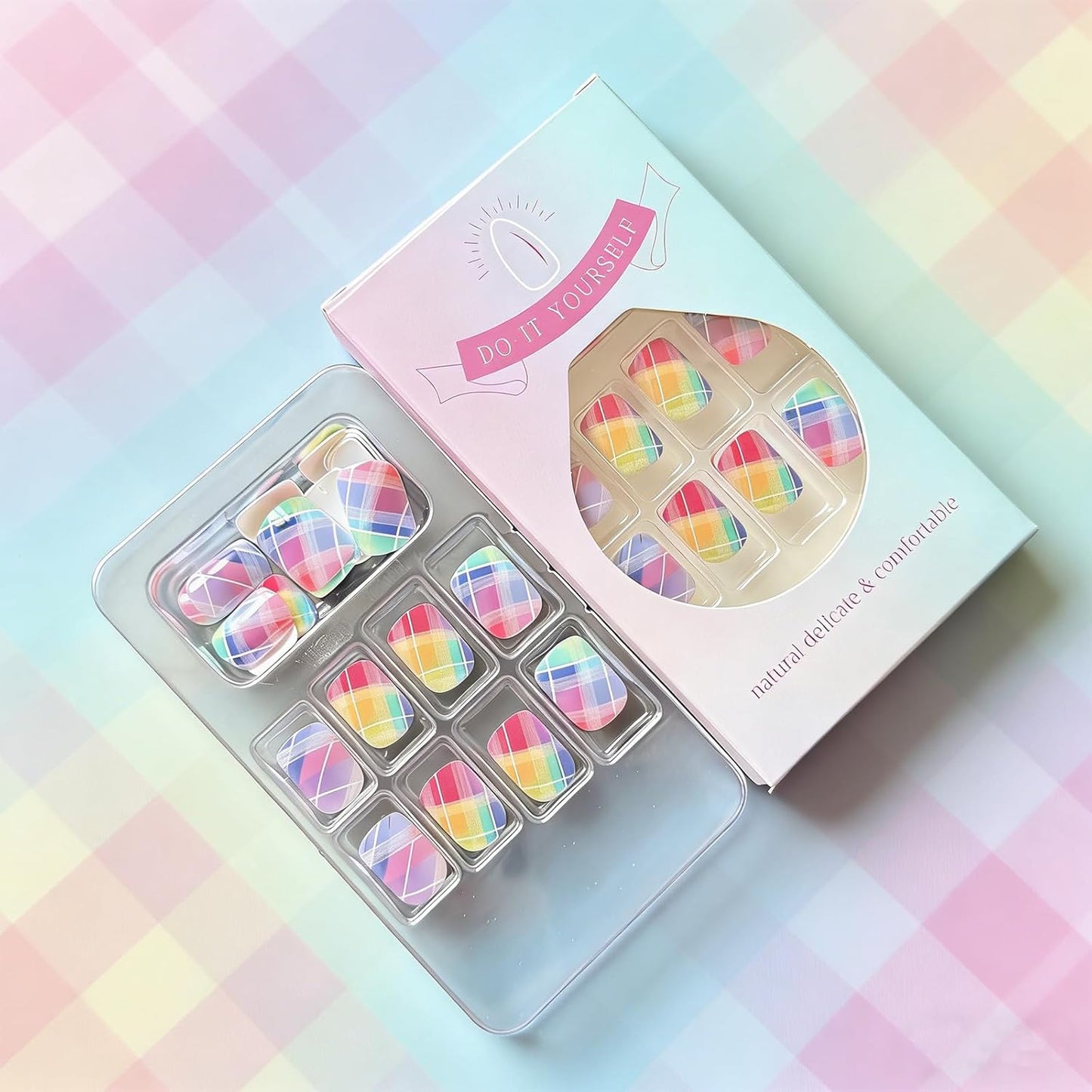 Rainbow Checkered Press-On Nails - Short Square Gradient Fake Nails | 24 Pcs Glossy Reusable Nail Art for Women