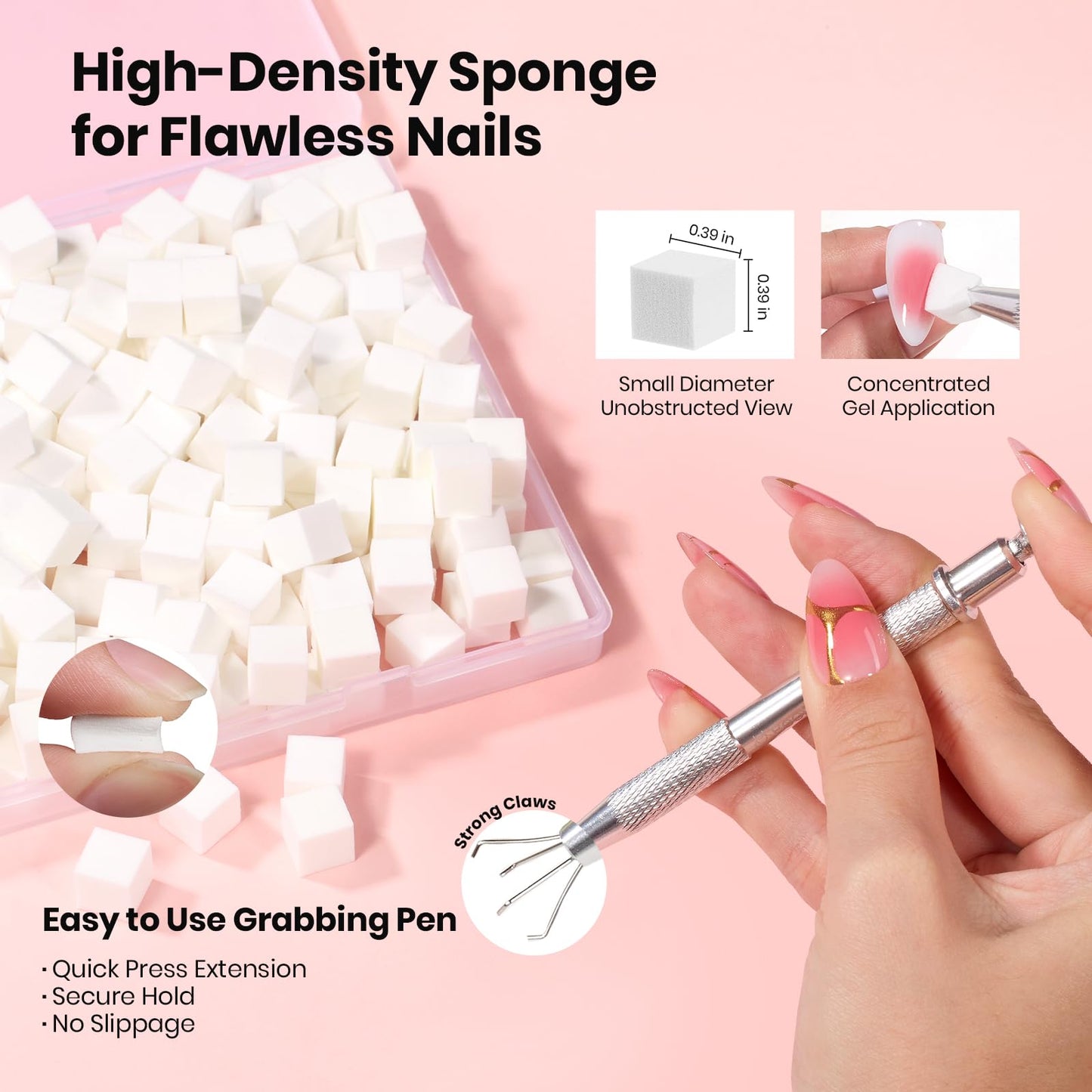 Beetles 150Pcs Soft Nail Sponges for Ombre, White Nail Sponge with Grabbing Pen, Pink Pat Painting Gel Polish Kit for Gradient Ombre Blush Chrome Design Nails Art Tools, Home DIY Salon Manicure