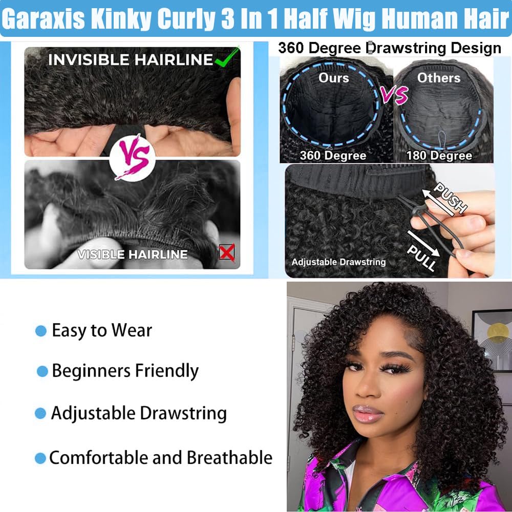 GARAXIS 250% Density Curly Half Wig - Human Hair Seamless Flip Over | 18 Inch Glueless Headband Wig for Easy Wear