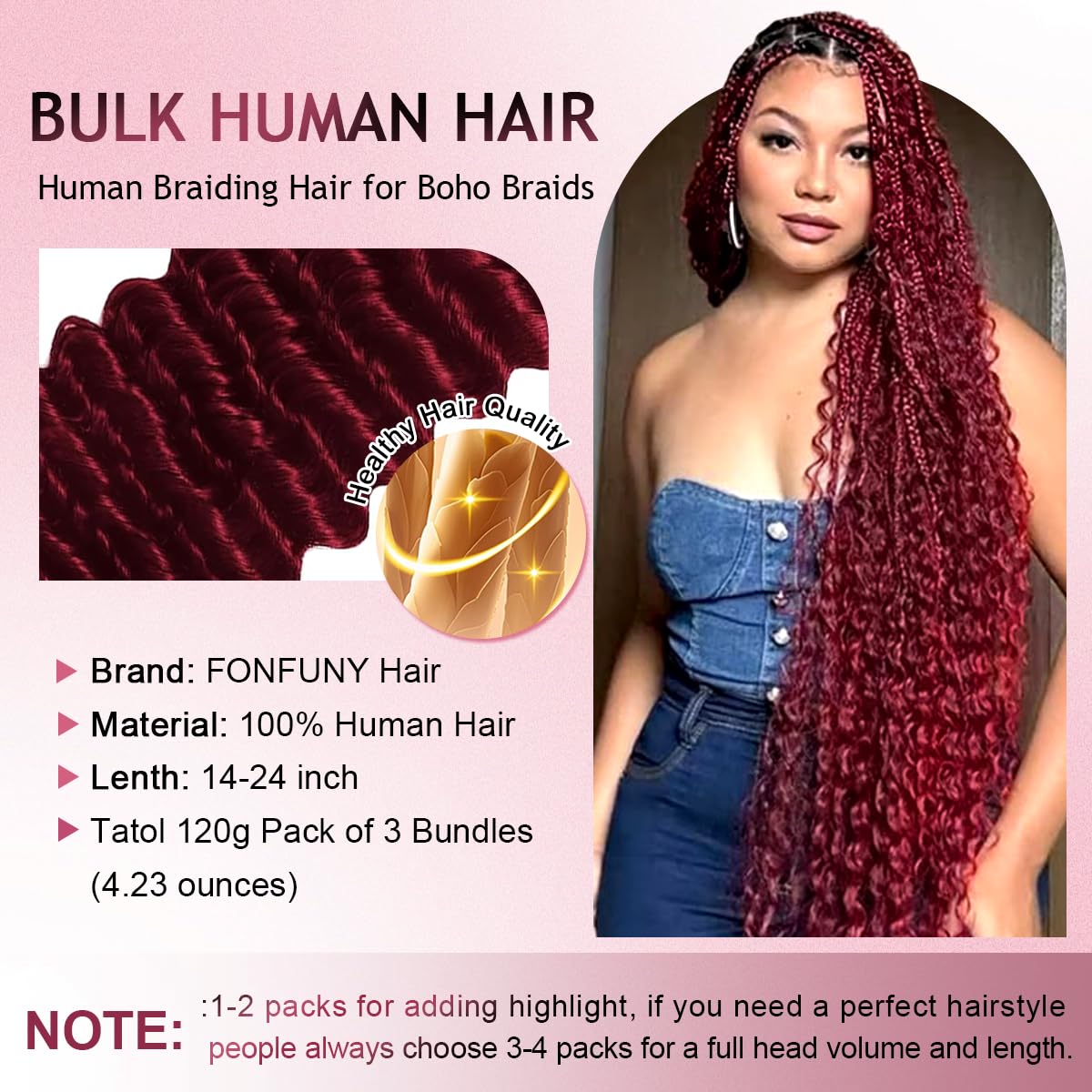 FONFUNY Human Braiding Hair for Boho Braids 120g Deep Wave Boho Bulk Human Hair for Braiding Knotless 12A Curly Wet and Wavy Bohemian Braids No Weft 3 Bundles/Pack Burgundy 22 Inch