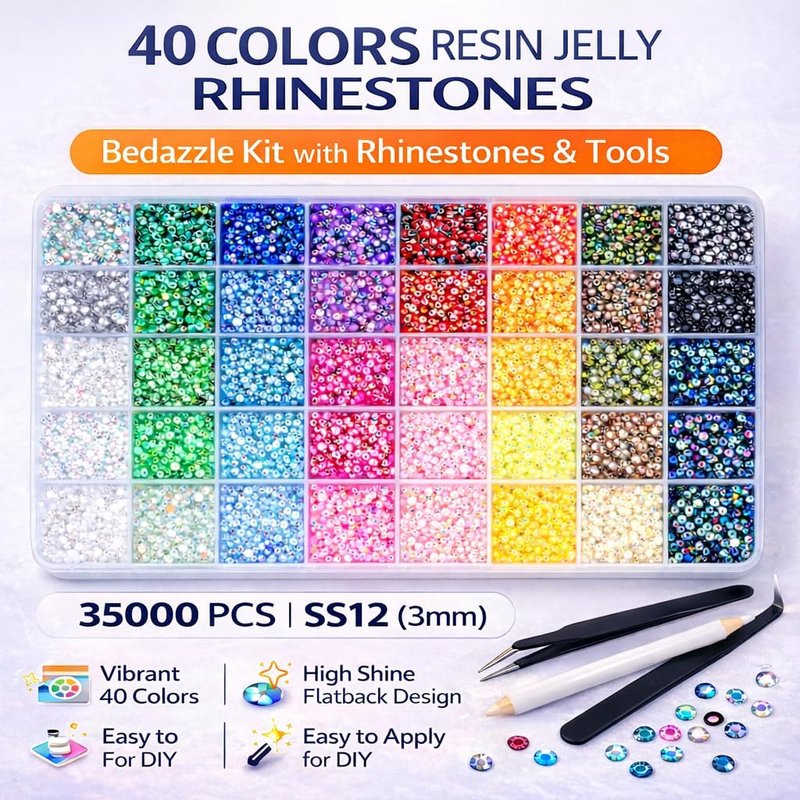 Bedazzling Kit - 40 Colors 35,000 PCS Resin Flatback Rhinestones | DIY Craft Gems with Tools for Adults