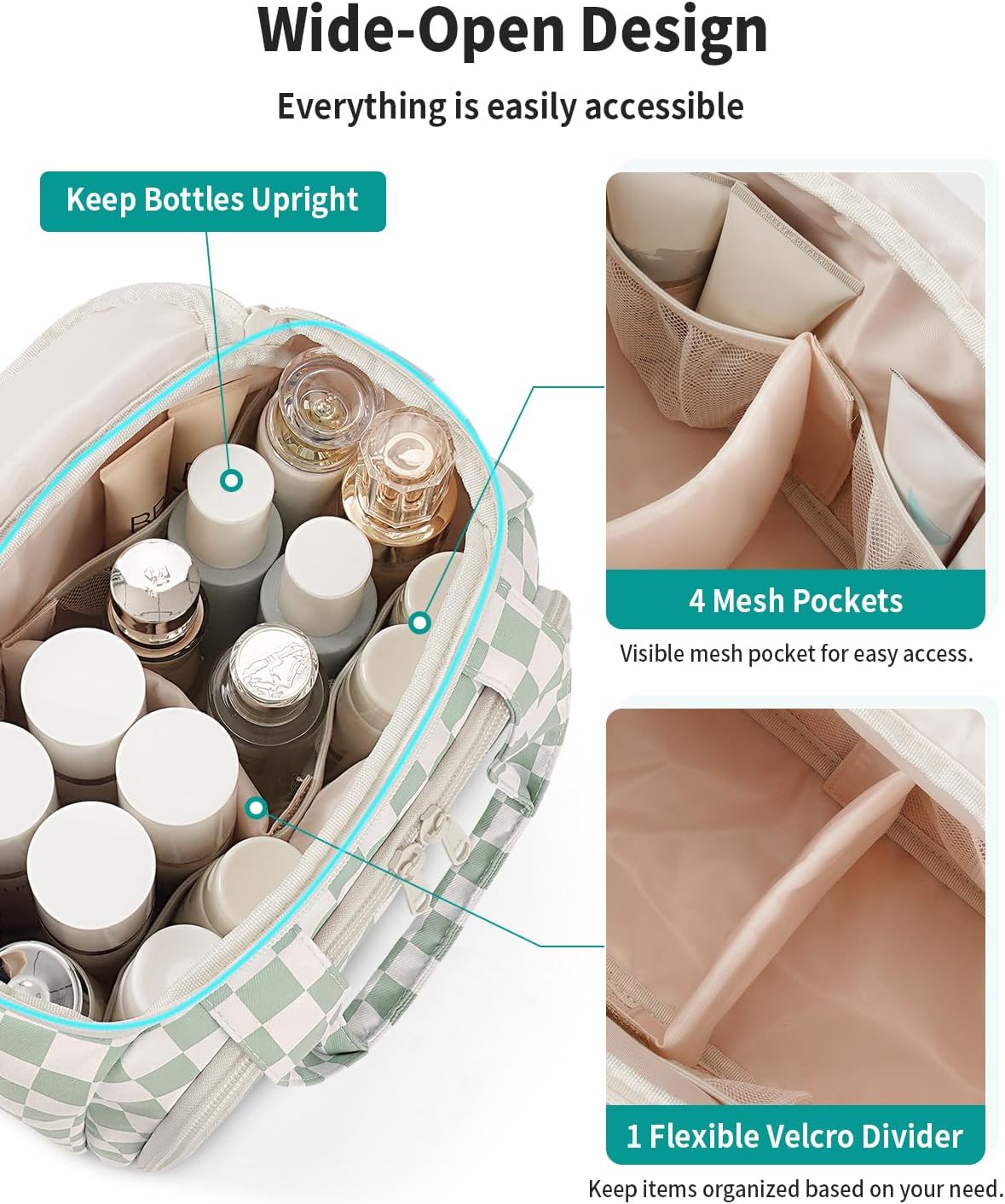 Checkered Travel Toiletry Bag - Large Makeup Organizer with Handle | Mint Green Checkerboard