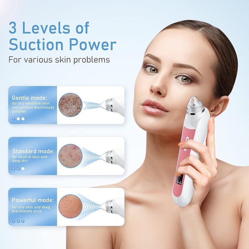 Blackhead Remover Vacuum - USB Pore Cleaner with Camera | 3 Modes & 6 Suction Heads, Light Pink