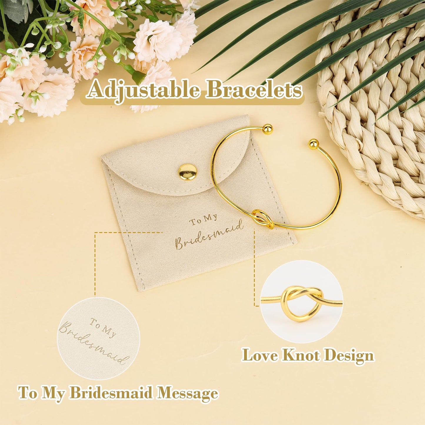 TIOSRU 16Pcs Bridesmaid Proposal Gifts Set Beige Small Jewelry Bags & Bridesmaids Knot Bracelets Set Bridesmaid Gifts for Wedding Day Bridal Shower Bachelorette Favors