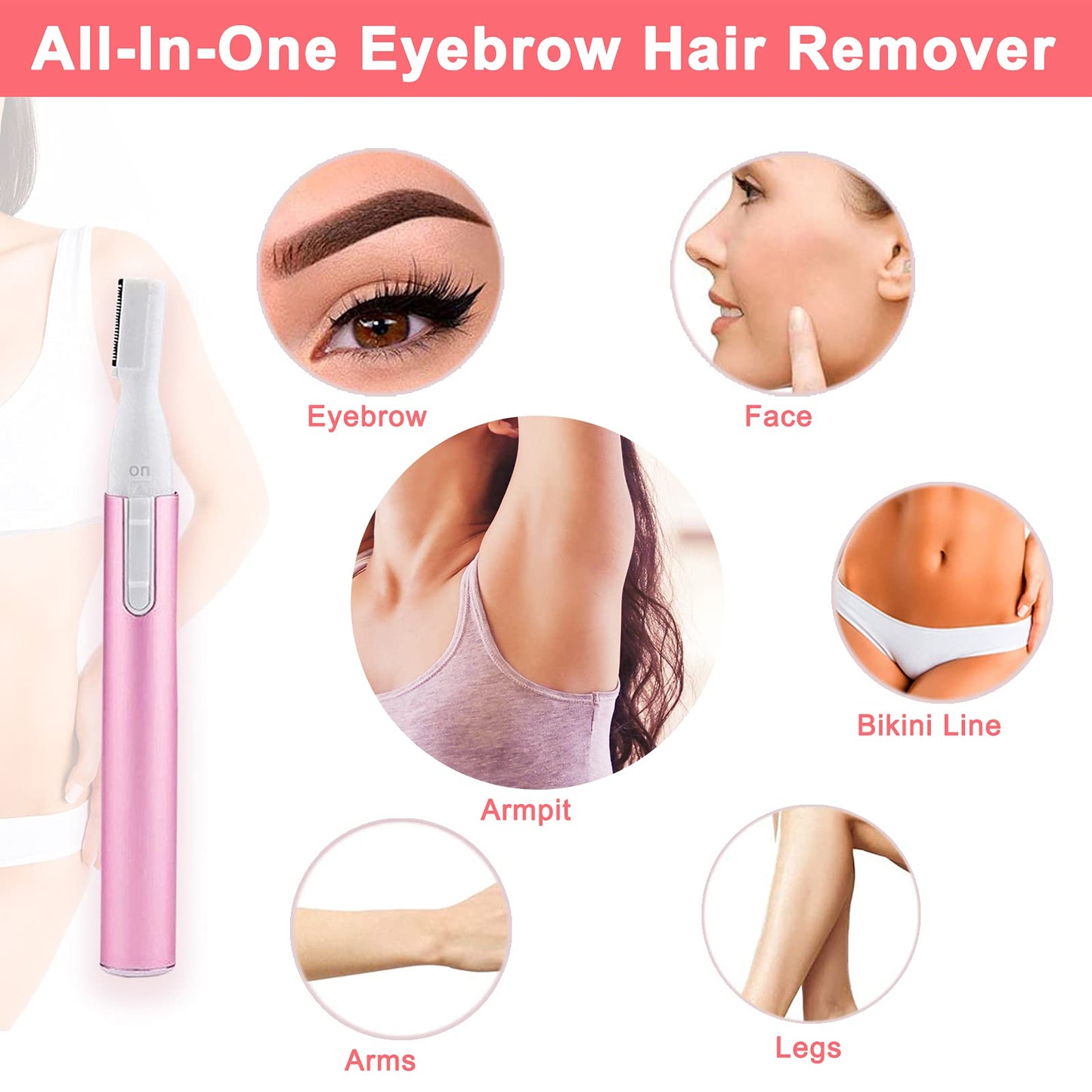 LAIKME Electric Eyebrow Trimmer for Women, Facial Hair Razor Removal for Men, Mini Epilator for Bikini, Remover for Face, Chin, Peach Puzz, Lips, Body, Arms, Legs, Battery Operated (Pink)