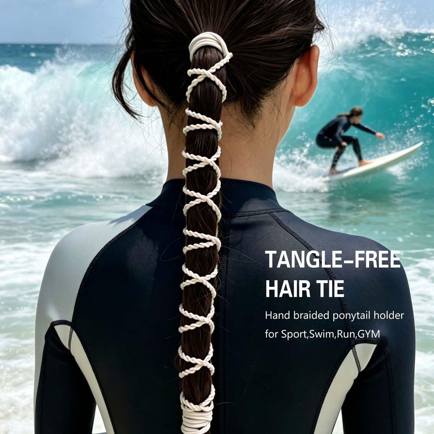 Hair Ties No Damage for Women with 2 Braids, 25" 3 Packs Elastic Ponytail Holders for Thick & Long Hair Cute Sport Pony Tail Wrap Tie Accessories for Running,Workout,Swim,Dive(Blue/Beige/Navy Blue)