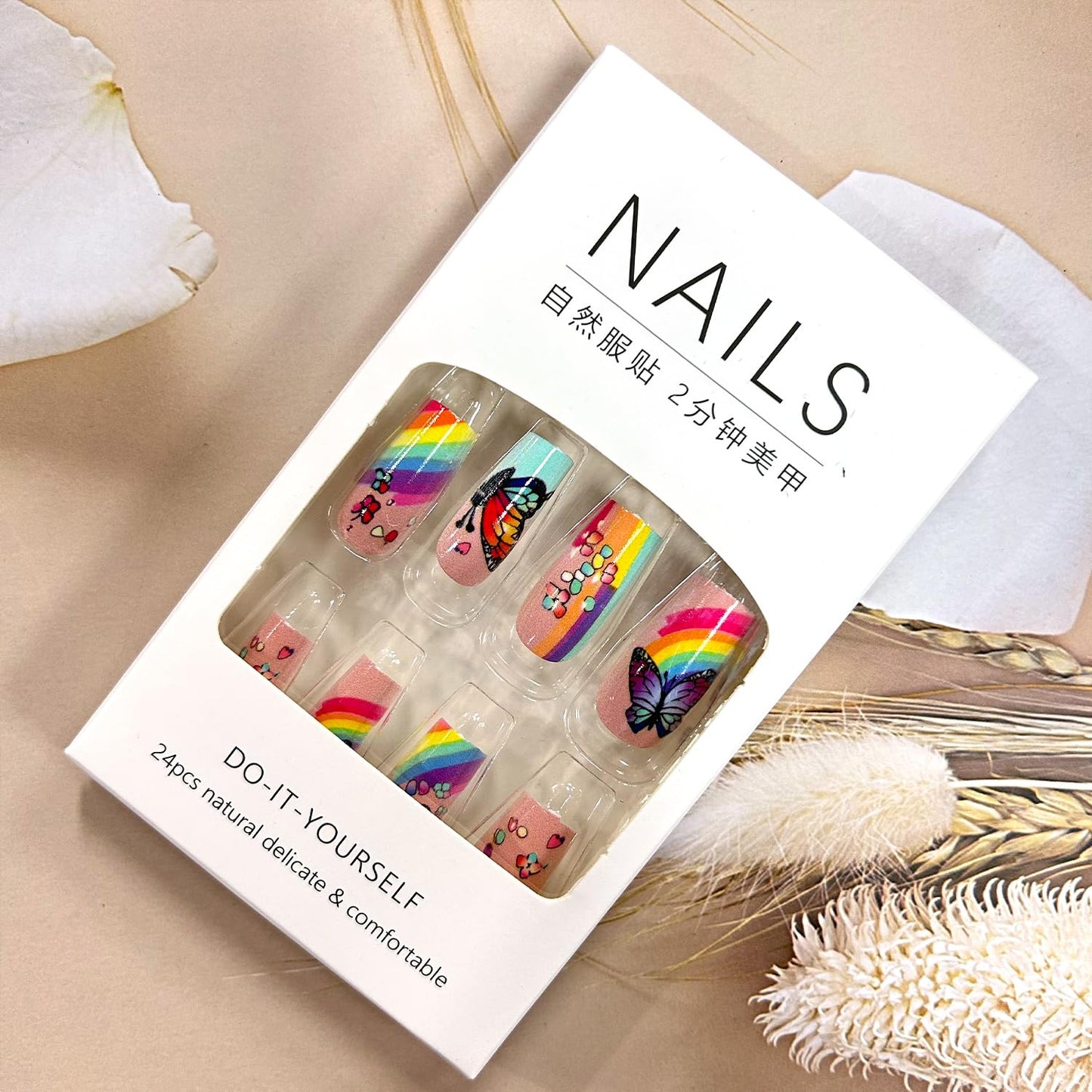 Butterfly Press-On Nails - Medium Length Rainbow Stripe Design | Colorful Square Acrylic Coffin Nails, 24 Pcs