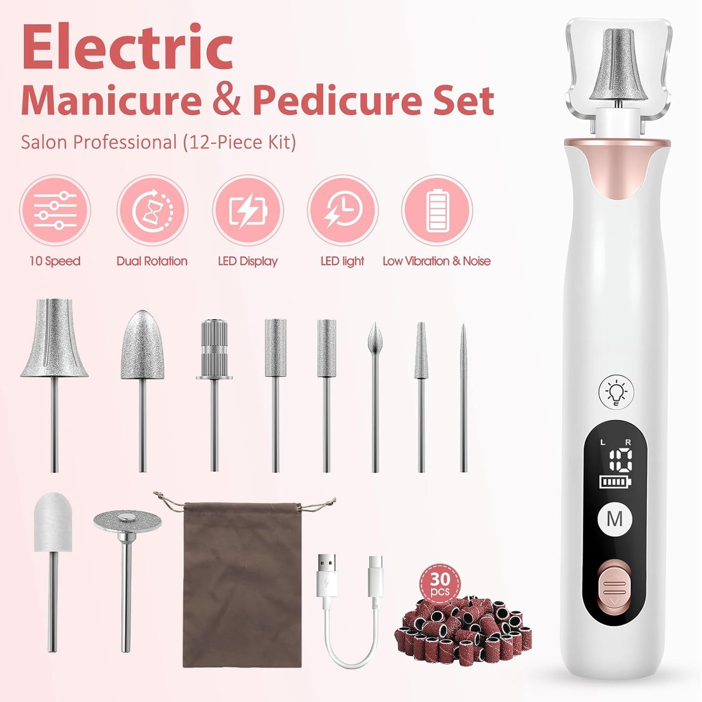 Electric Nail Drill File - Cordless Manicure & Pedicure Set with Drill Bits & Sanding Bands | Professional Nail Care for Men & Women