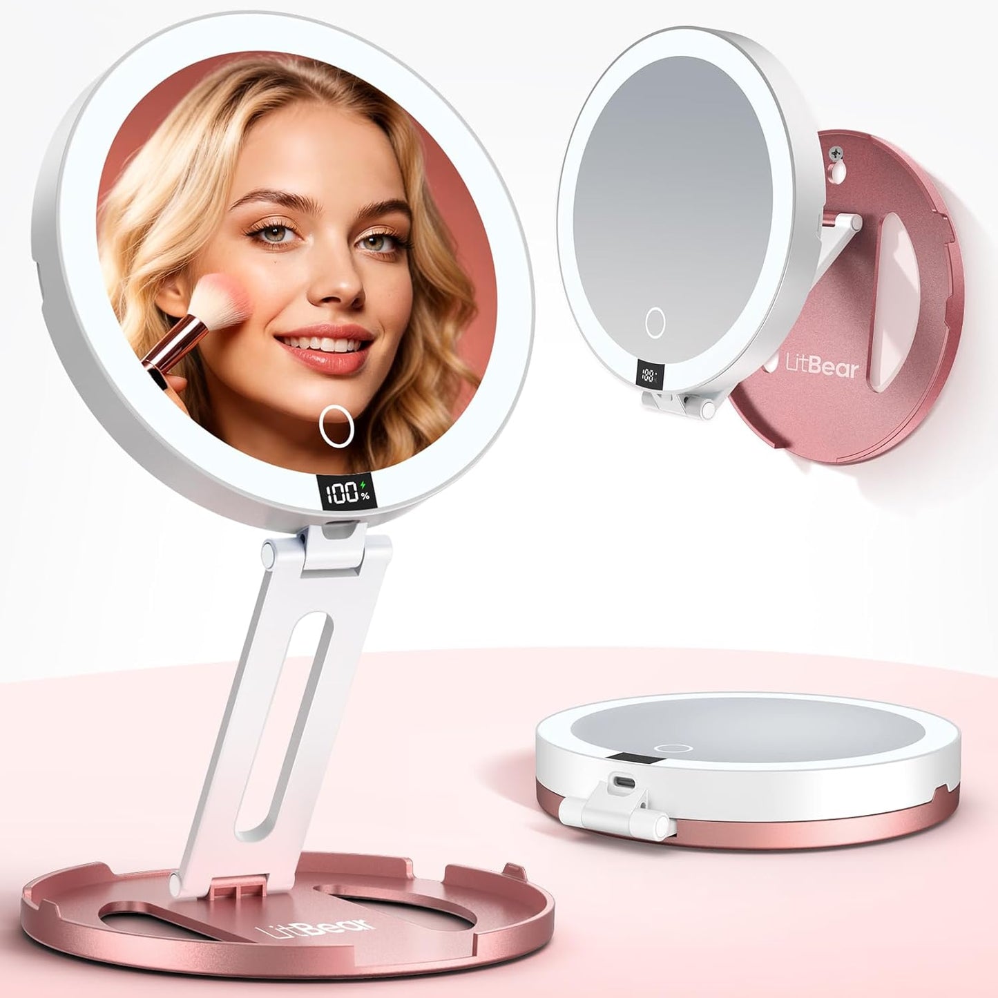 Travel Mirror with Lights - Foldable Double-Sided 10X/1X Magnifying | Rechargeable & Portable Lighted Makeup Mirror with Dimmable Touch Screen