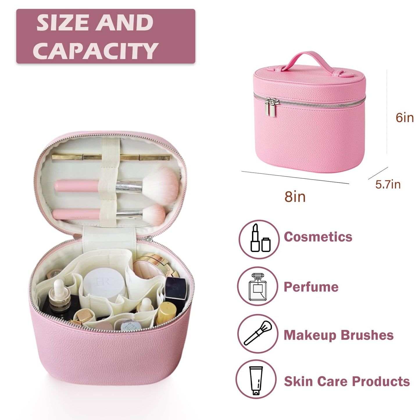 JOVOLIFE Makeup Case, Large Capacity Leather Makeup Bag with Removable Washable Compartment, Portable Waterproof Leather Cosmetic Case, Multi-functional Travel Organizer, Pink