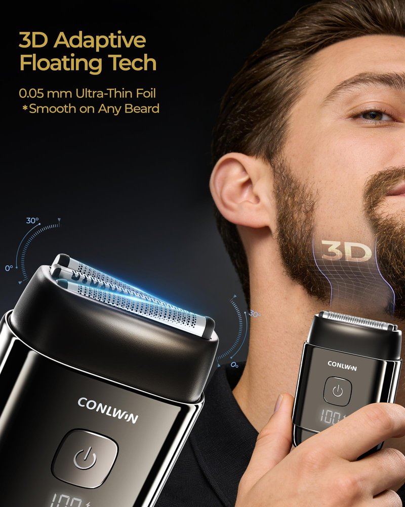 CONLWIN Electric Foil Shavers for Men, Self-Clean Mini Electric Razor with 3D Floating Blade, 2-Way Magnetic Cap Travel Shaver, USB-C Fast Charge, Waterproof Wet/Dry for Face Beard Neck, Model FK-712B
