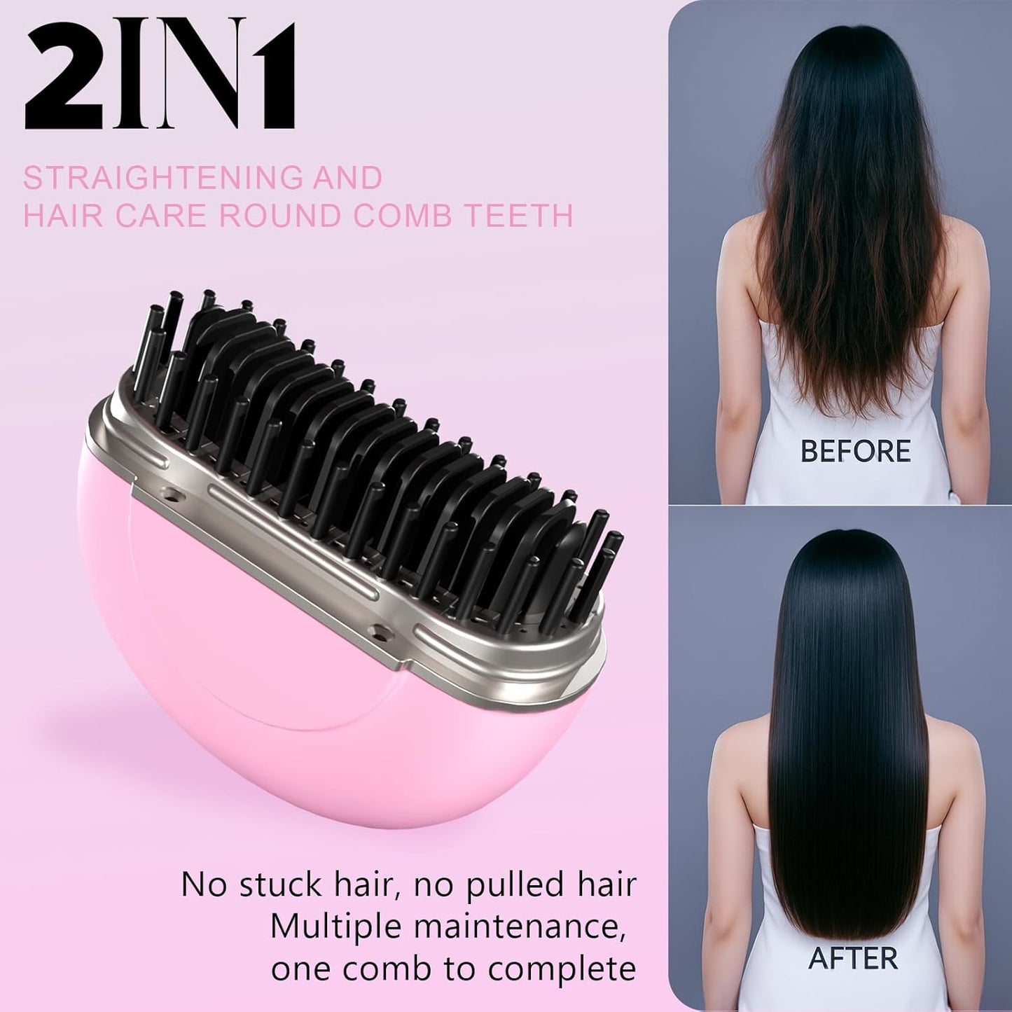 Mini Hair Straightener Brush - Rechargeable Portable Hot Comb with 3-Speed Temperature Control | Travel-Friendly Pink Design
