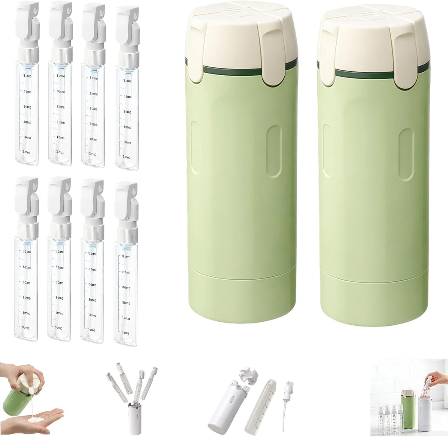 Travel Toiletry Dispenser Set - 4 in 1 Refillable 30ML Travel Bottles for Shampoo & More | Green