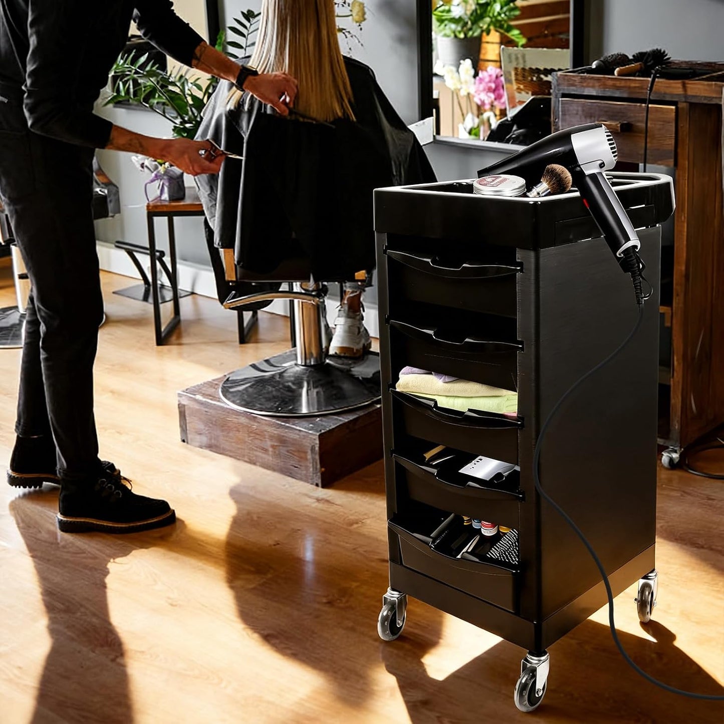 Salon Beauty Rolling Trolley Cart - Black Hair Storage Cabinet with Multi Drawers & 4 Universal Wheels | Barber Organizer