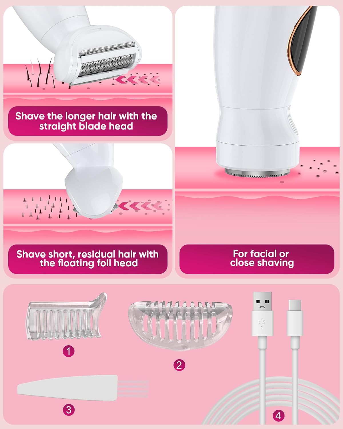 3 in 1 Bikini Trimmer for Women - Painless Electric Razor with Display | USB Charging, IPX7 Waterproof, White