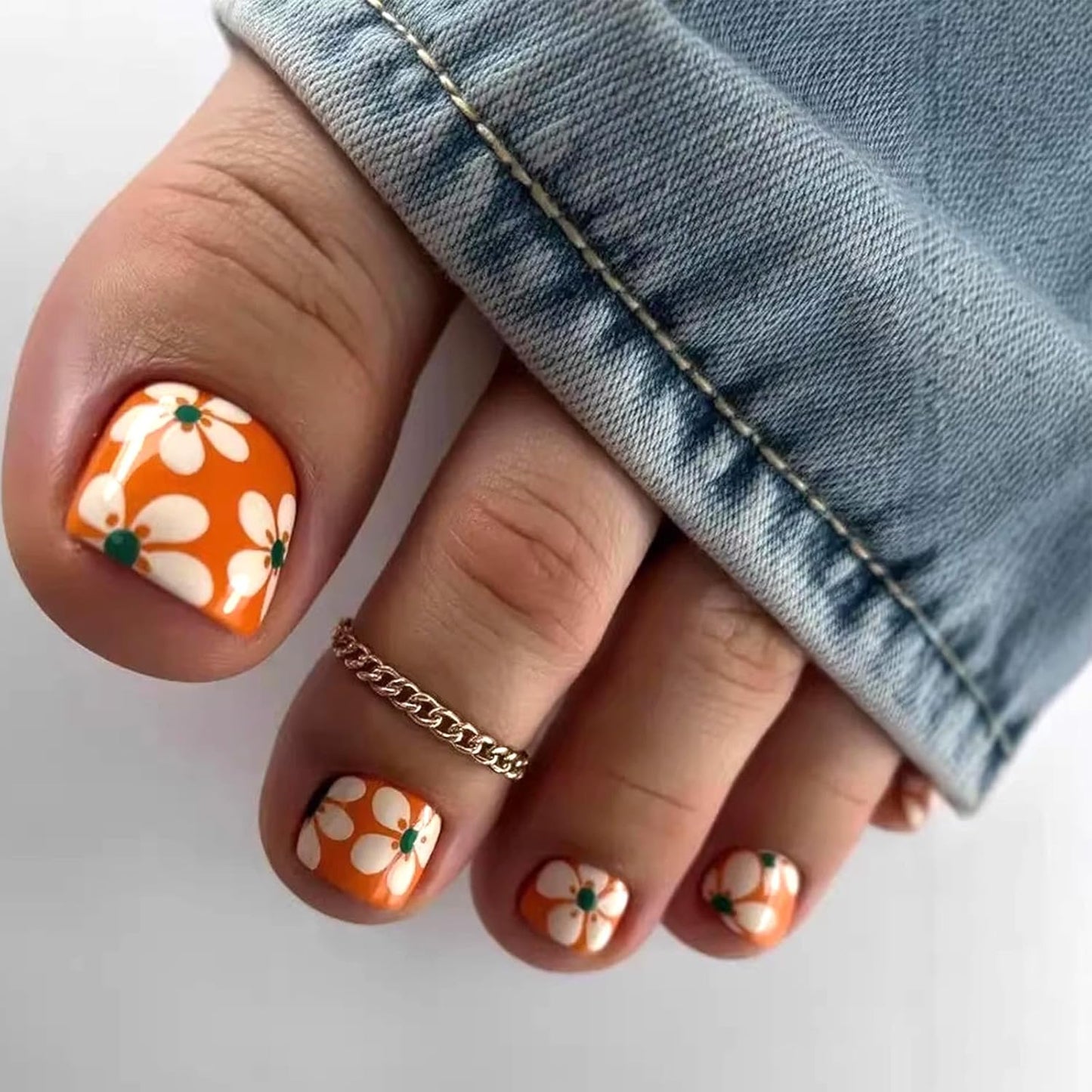 Polka Dot Press-On Toenails - Short Square Acrylic Fake Nails with Blue Flower Design | 24 Pcs for Summer Manicure
