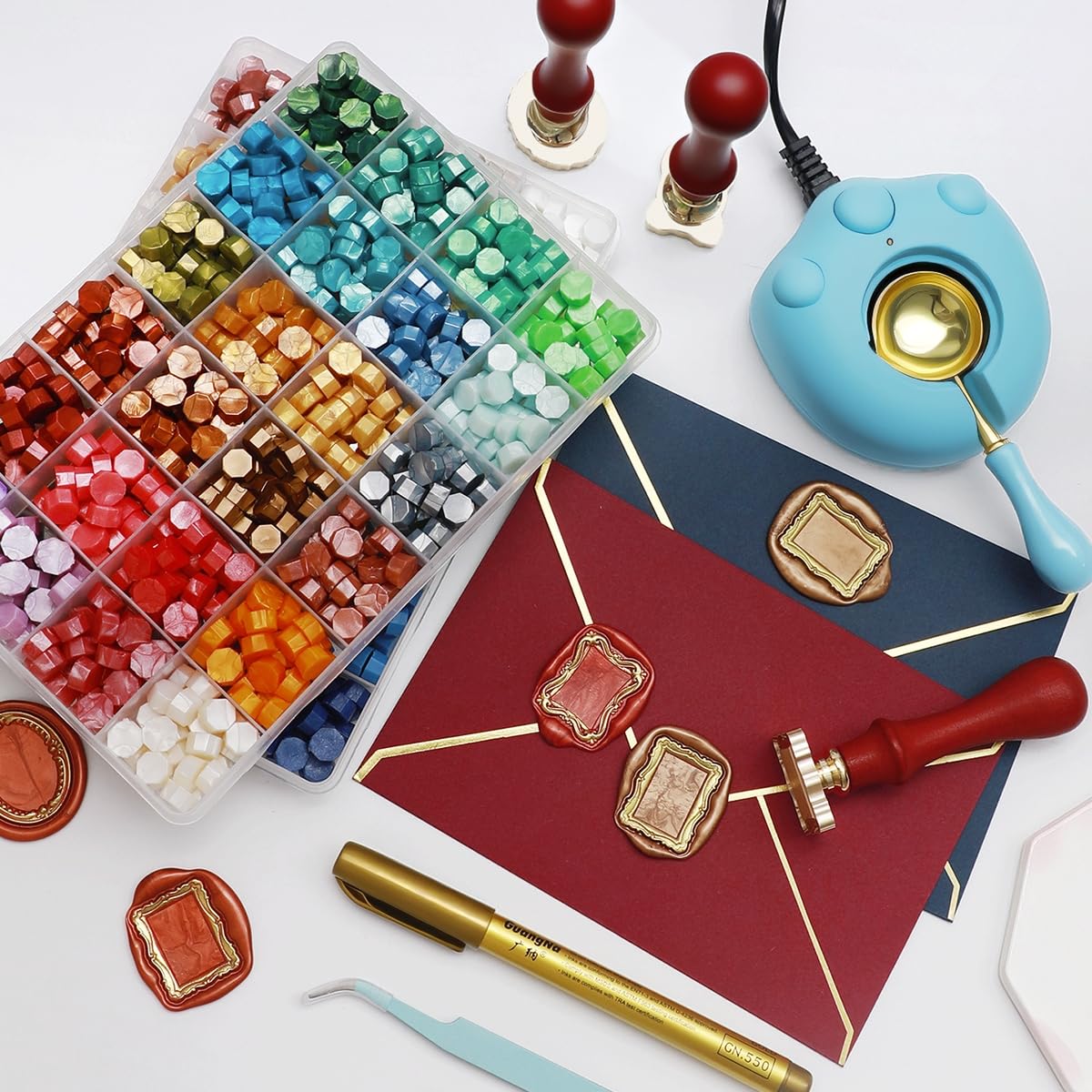 ONWINPOR Frame Wax Stamp Set, 624Pcs Sealing Stamp Beads Kit with Electric Wax Seal Warmer, 3D Embossed Frames Relief Carve Stamps Waxing, Gold Pen, Tweezer (Set02)