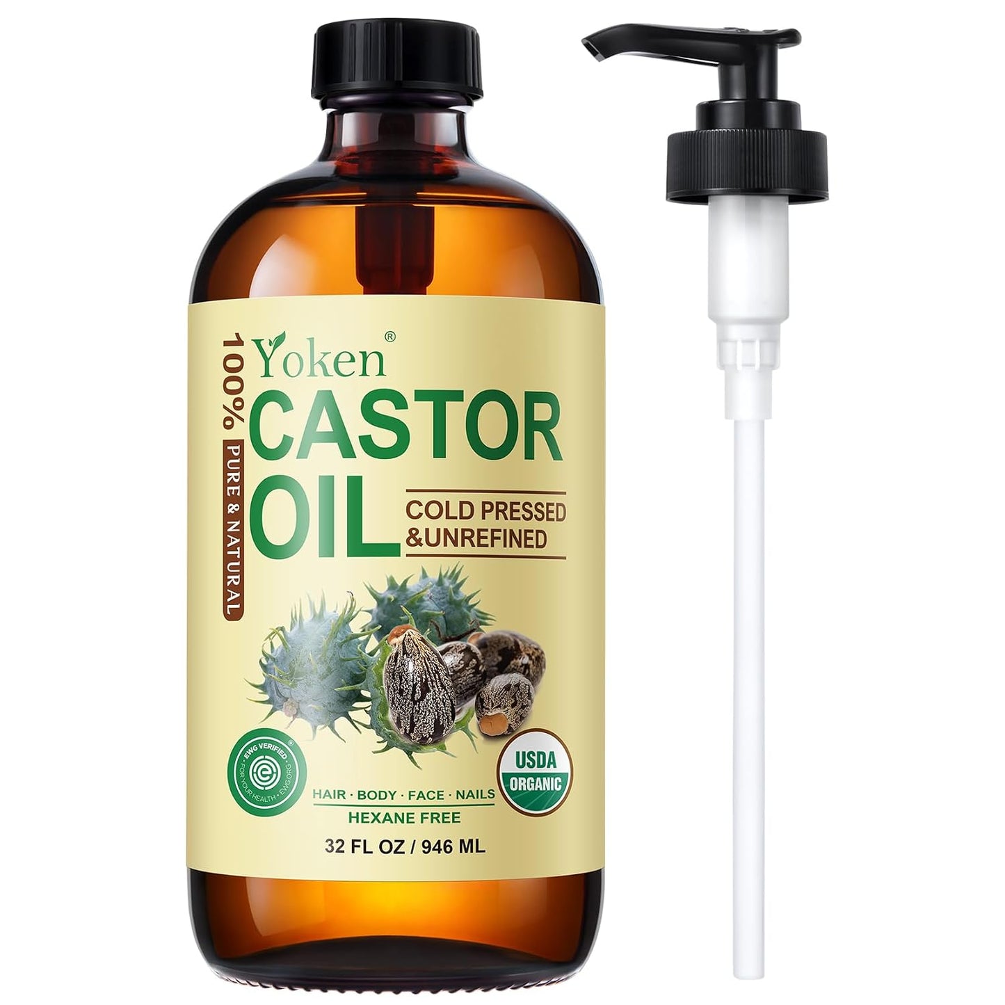 Yoken Castor Oil - 100% Pure Cold Pressed Hexane-Free Oil for Skin, Hair & Body | 32 fl oz Glass Bottle with Pump