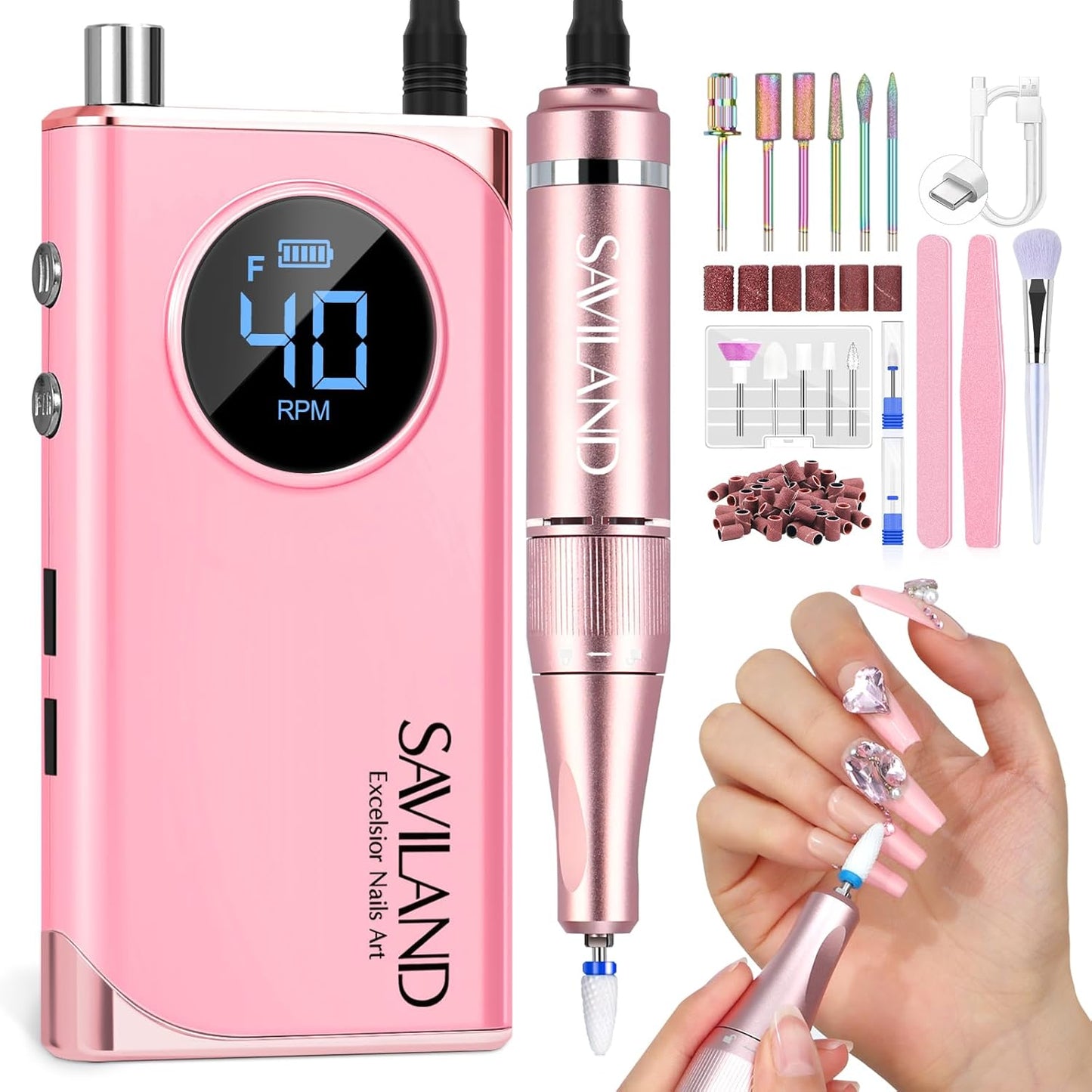 SAVILAND 50000 RPM Nail Drill - Professional Electric Nail File for Fast Acrylic Manicure | Portable Rechargeable Design