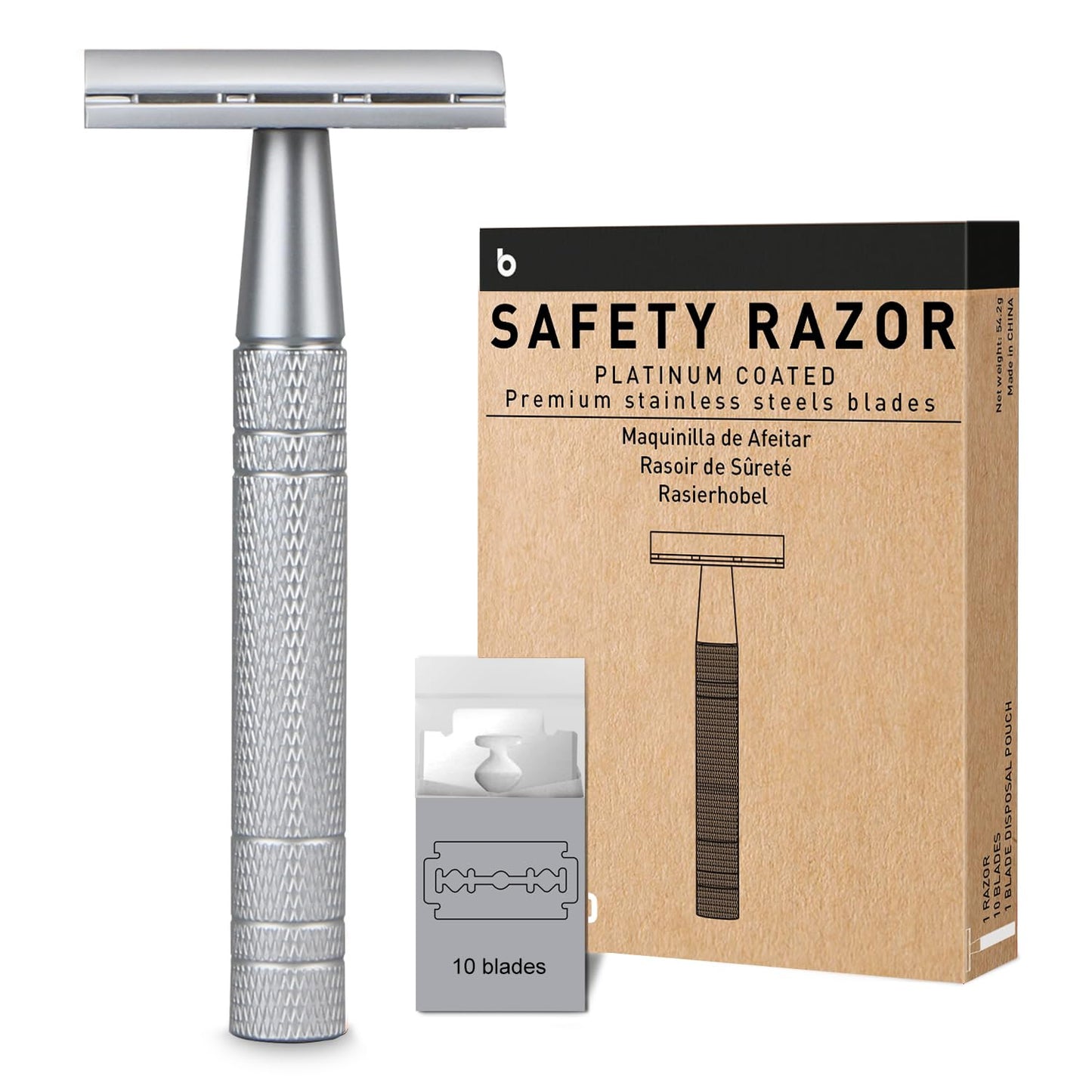 Double Edge Safety Razor, Single Blade Razors for Men and Women, with 10 Double Edge Blades, Reusable Metal 1 Blade Razor, Eco-Friendly, Zero Waste, Smooth and Close Shave, Matte Silver