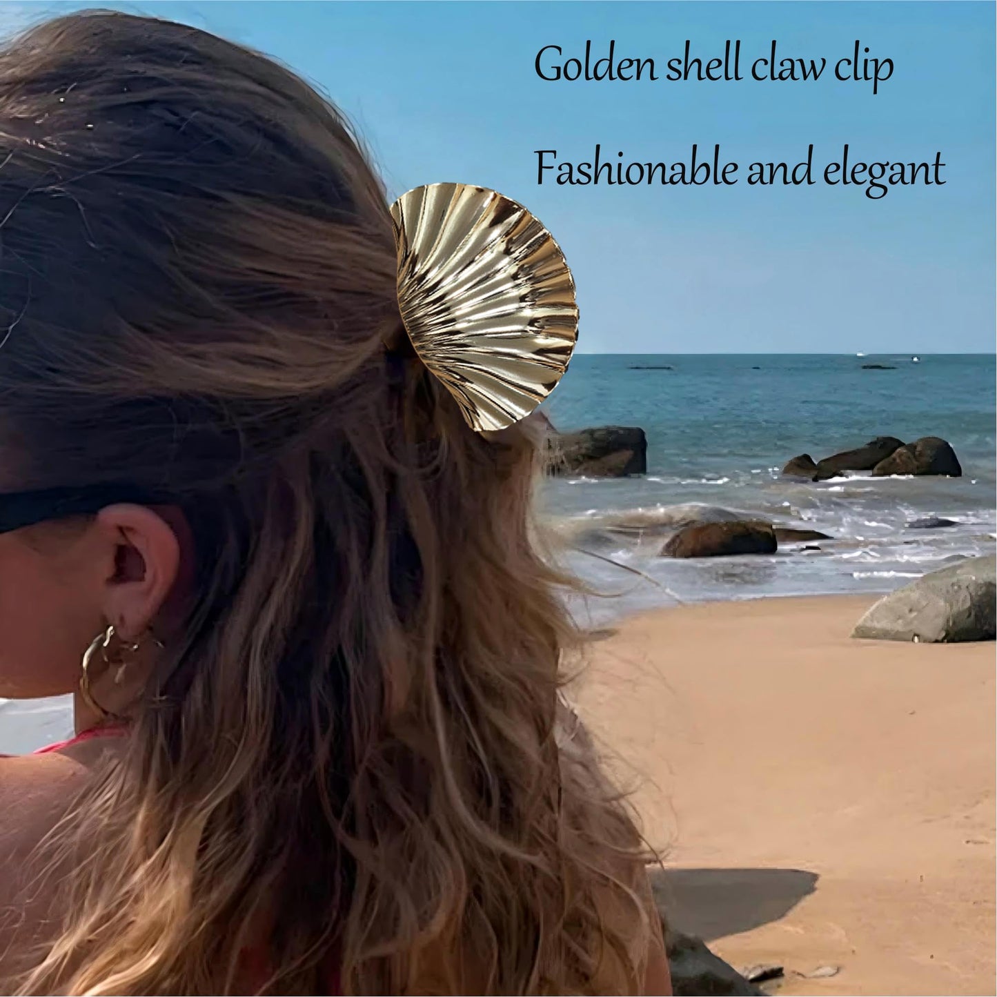 3PCS Seashell Claw Clip for Women 3.74 Inch Gold Shell Claw Clip for Thick/Thin Hair Hawaiian Hair Accessories for Girls, Hawaii Tropical Decor for Summer Beach Vacation (Gold White Blue Gradient)