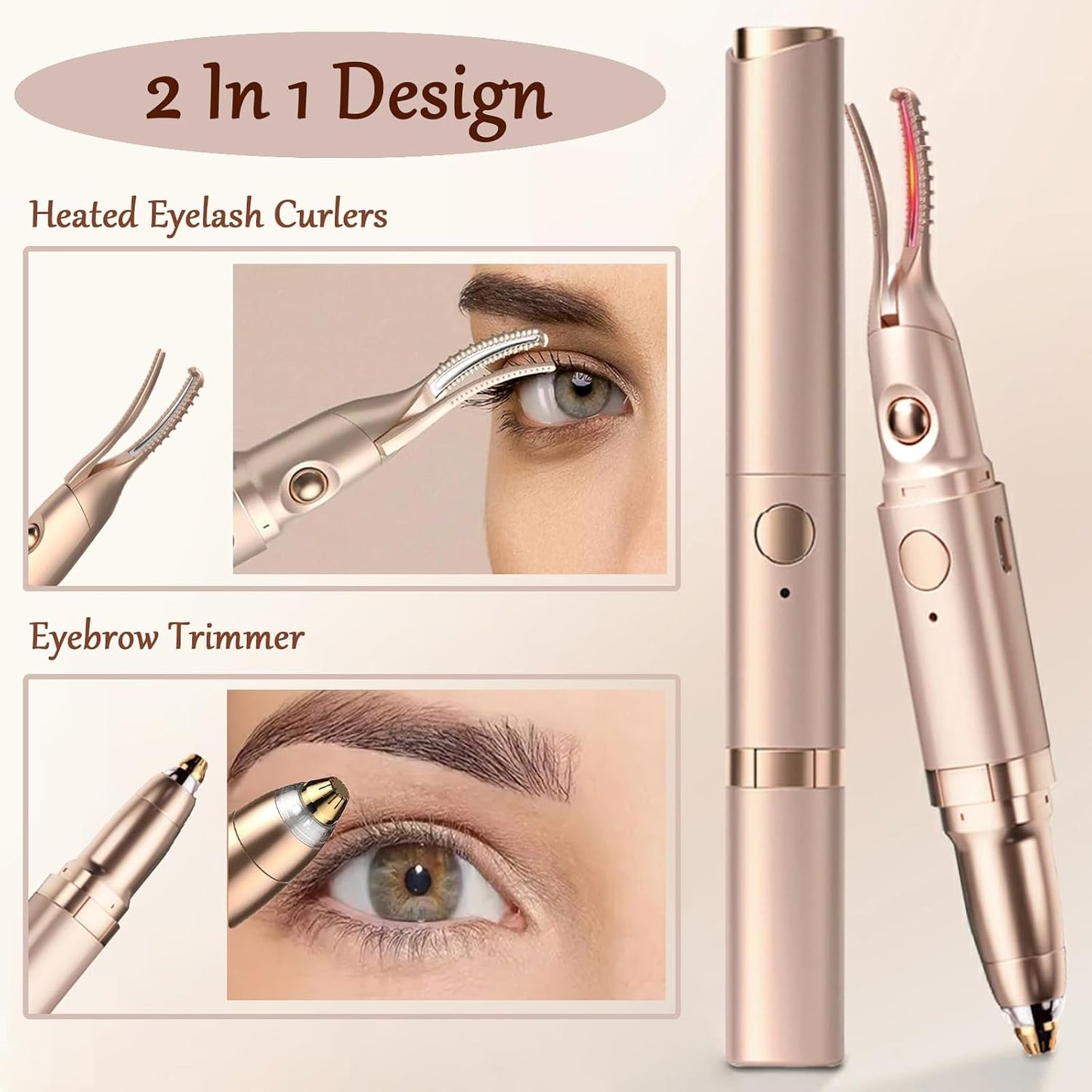 Heated Eyelash Curler - 2-in-1 Electric Eyelash & Eyebrow Trimmer | USB Rechargeable, Anti-Burn Design, Gold