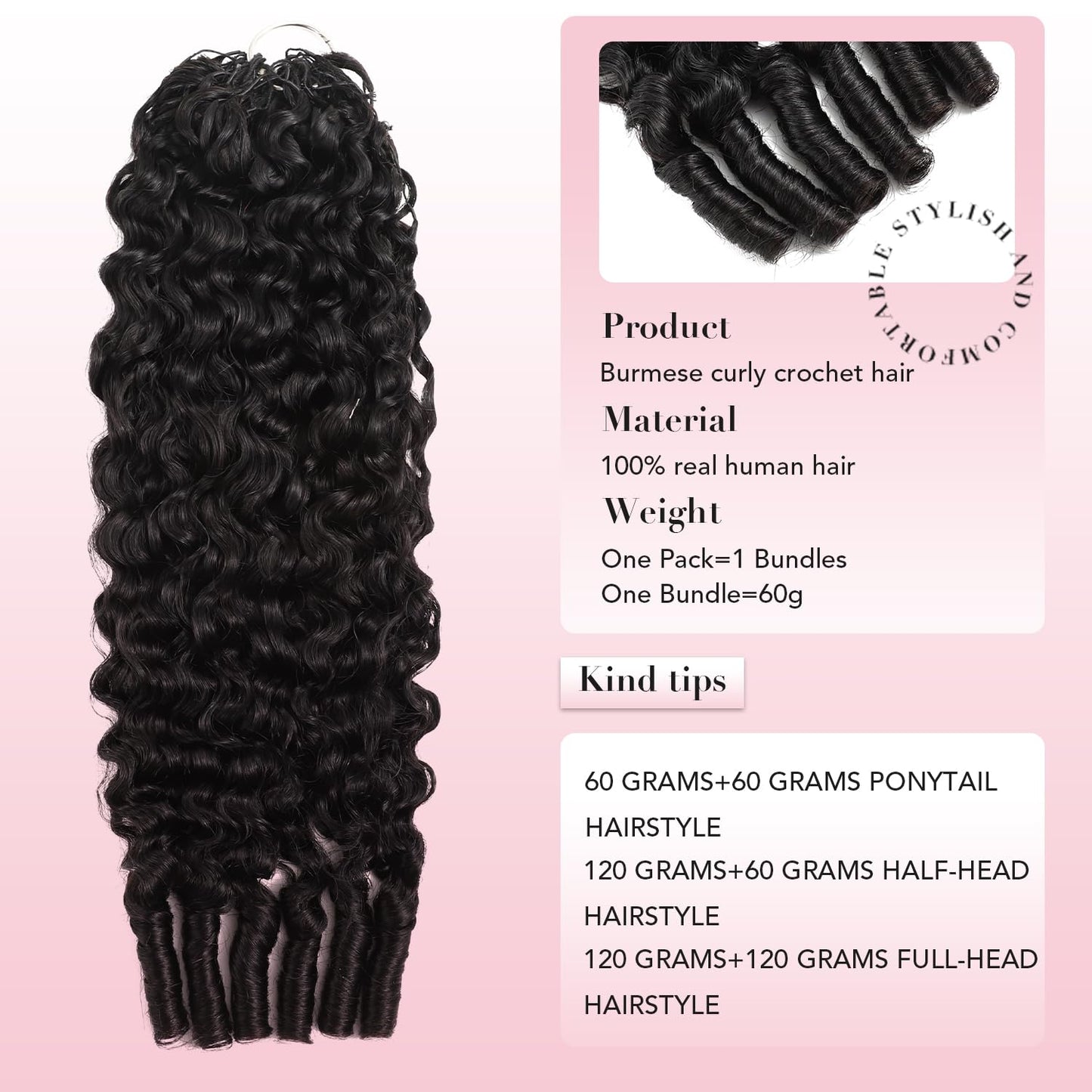 EMOBANA Human Crochet Hair for Black Women 16 Inch Burmese Curly Bundles Human Hair Pre-separated 60g Invisible Miracle Knots Feather Crochet Human Hair Extensions Natural Black