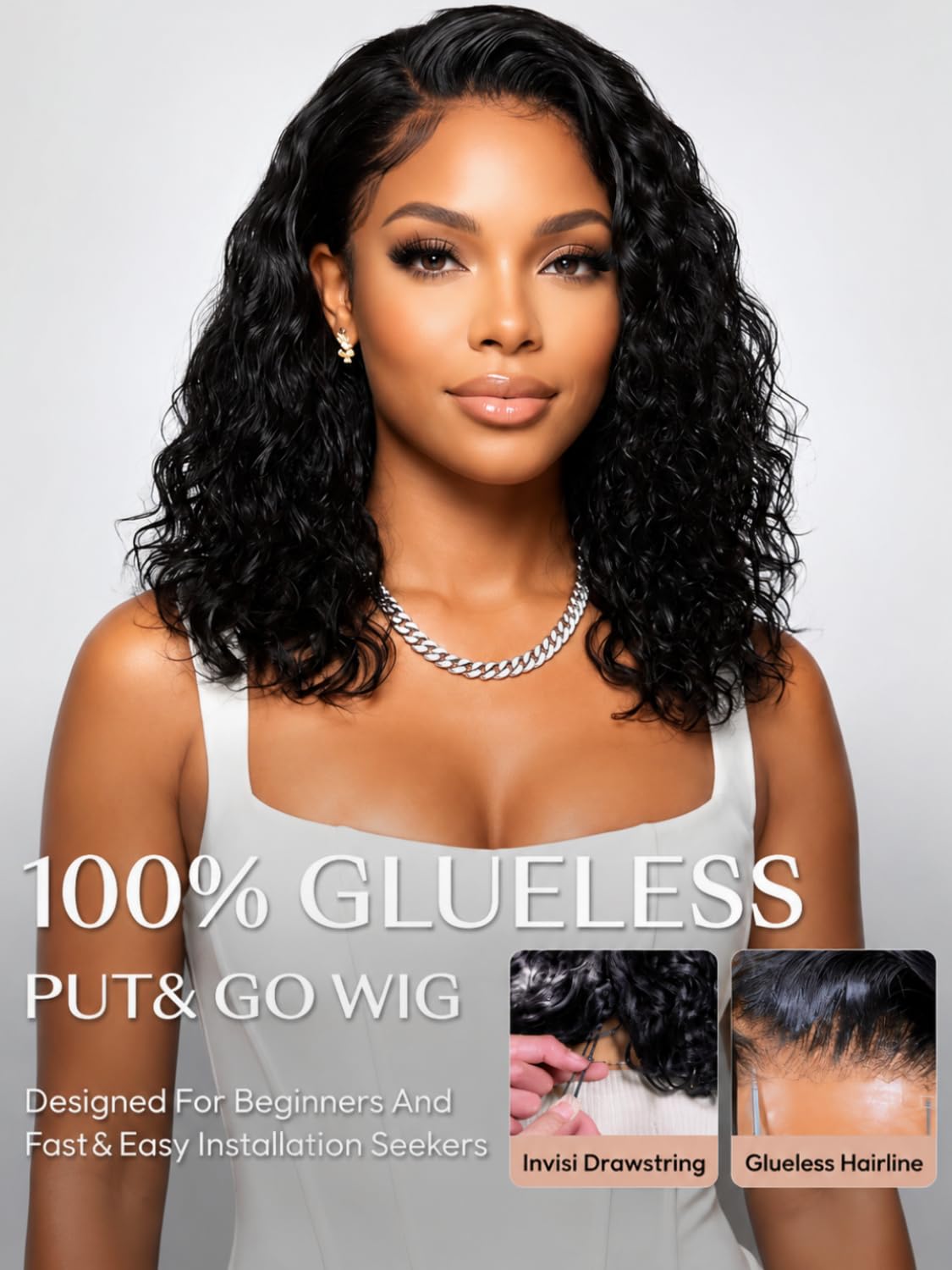 UNICE Bye Bye Slip Water Wave Bob Wig Human Hair, C Side Part 6x4 Glueless Lace Closure Wig, Pre-Plucked & Pre-Cut, 220% Density, Drawstring, Beginner Friendly for Black Women 14 Inch