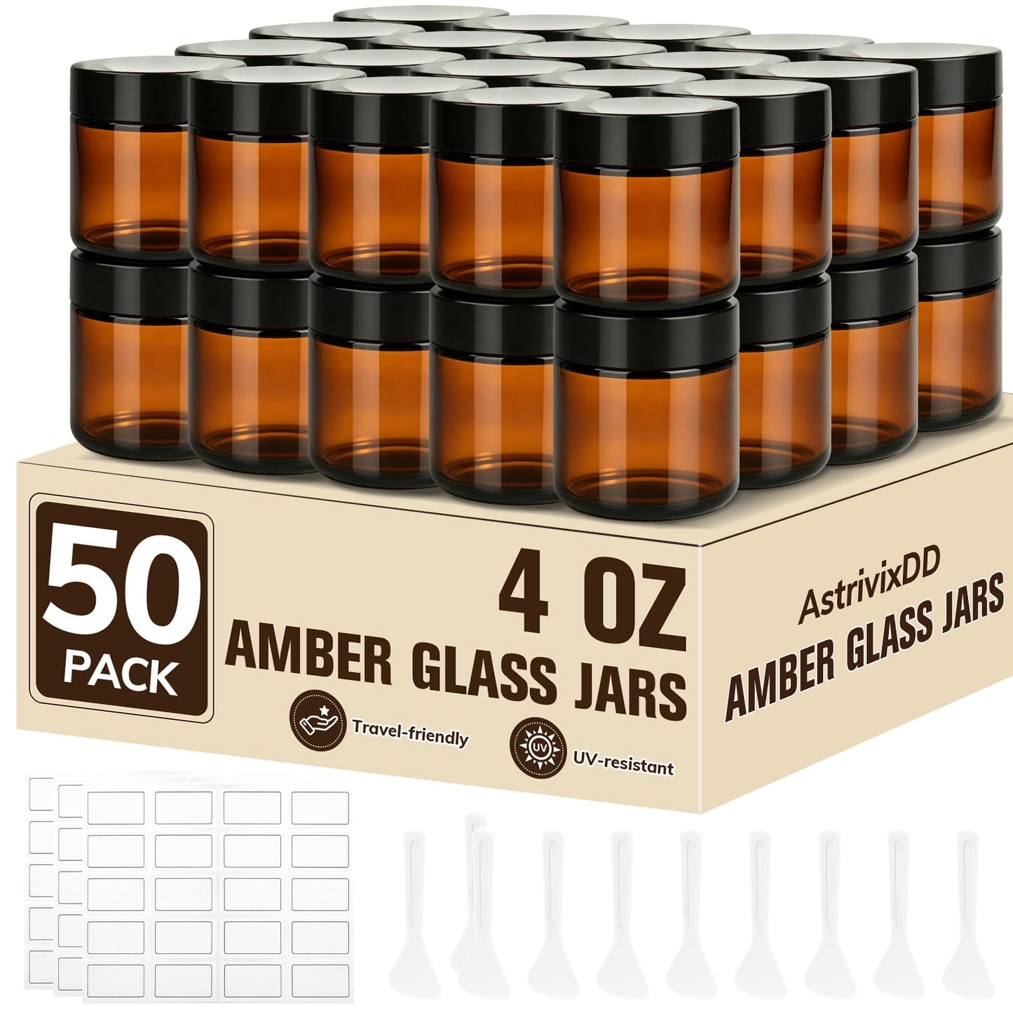 50 Pcs 4 oz Glass Jars with Lids, Amber Glass Jars with 60 Labels & 10 Spatulas, Inner Liners, LeakProof, UV-Protective,Round Glass Containers for Essential Oils, Spices, Candle Making,DIY