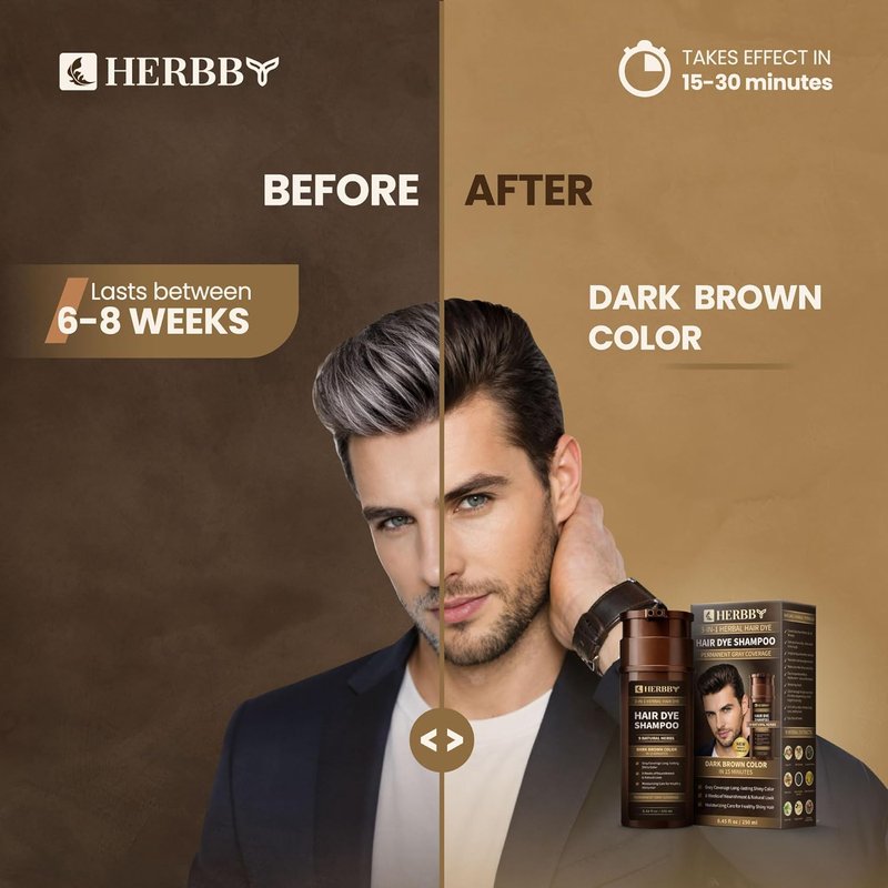 Hair Color Shampoo for Gray Coverage | 9 Herbal Extracts, Long-Lasting Dark Brown, 250ml