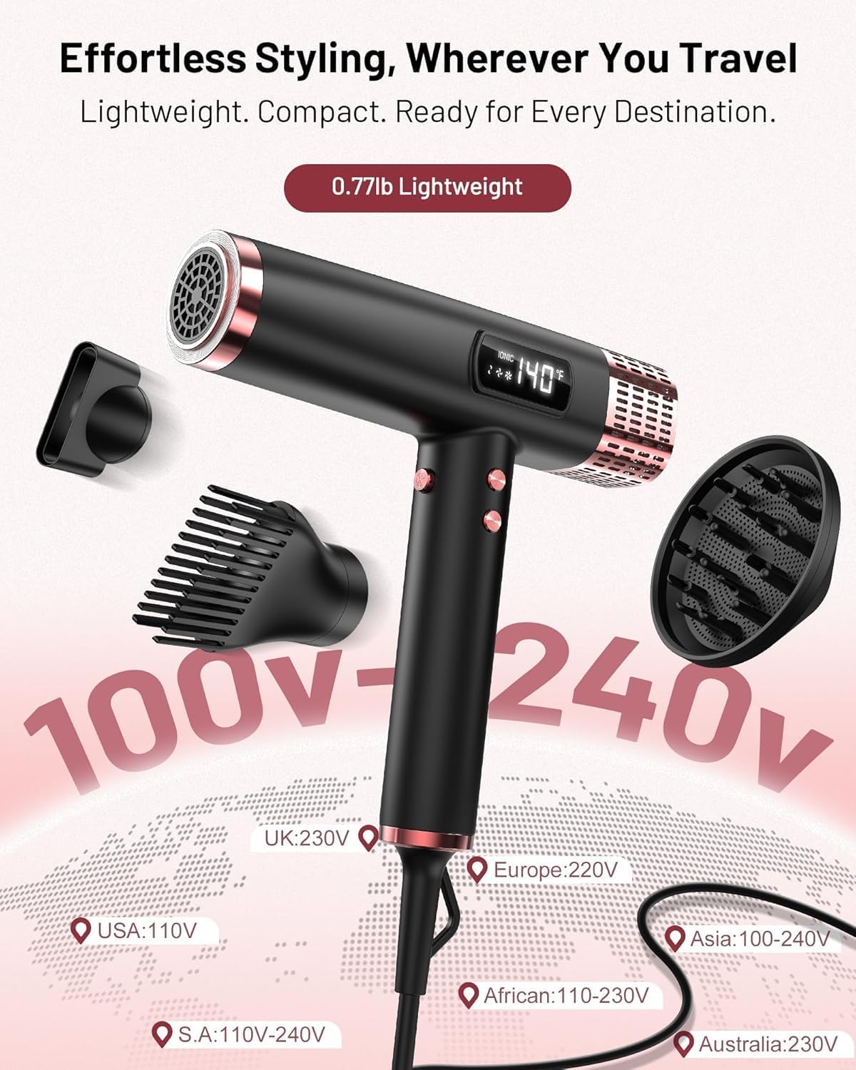 Travel Hair Dryer with Diffuser - 1875W Ionic Fast Drying & Frizz Control | Lightweight, Dual Voltage (110-240V) - Black