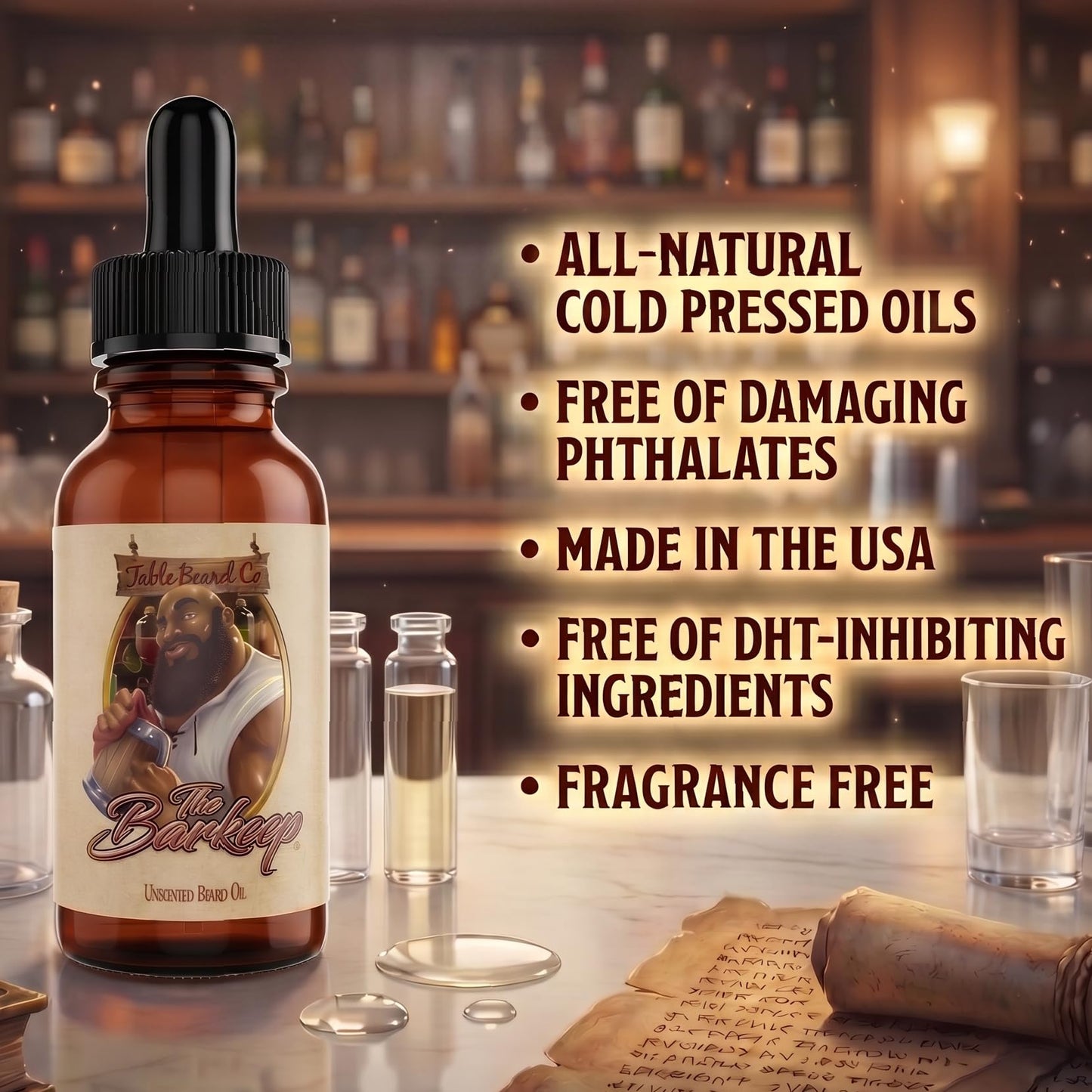 Fable Beard Co. Beard Oil - The Barkeep, Unscented, Natural Beard Oil for Men with Jojoba & Argan Oils, Vitamin E, Beard Hair Softener, Made in USA (1 Fl Oz)