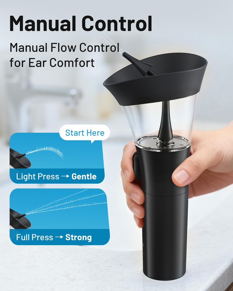 Yumika Ear Wax Removal Kit – Manual Ear Cleaner with Powerful Water Flow for Deep Clean & Soft Silicone Tip, Black