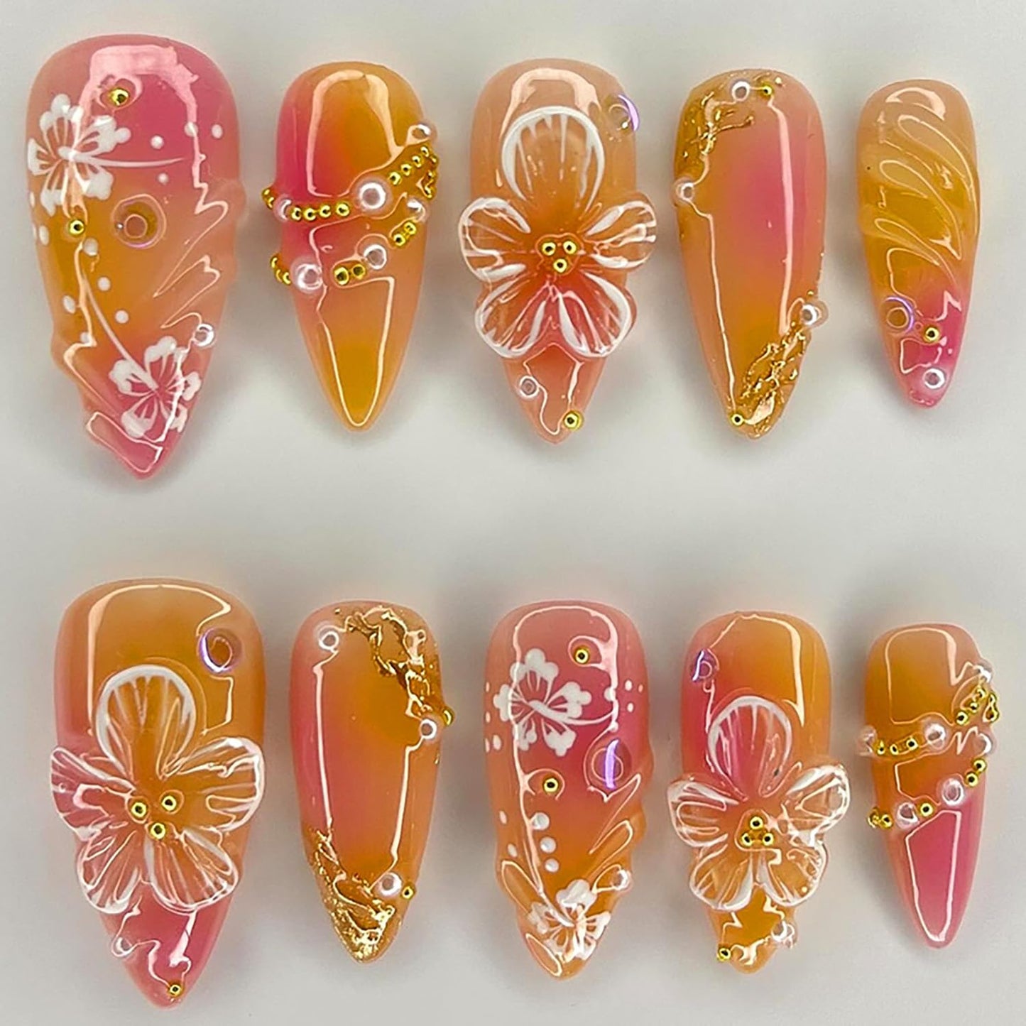24Pcs Almond Press-On Nails - 3D Floral Design with Gold Pearl Rhinestones | Orange Full Cover Acrylic Nails for Spring & Summer